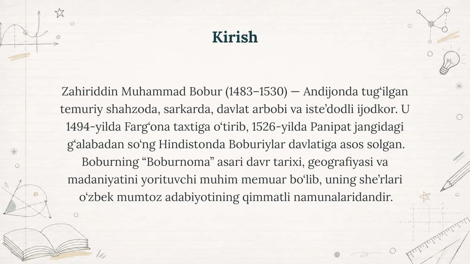 Zahiriddin Muhammad Boburning hayoti va ijodi .slayd 3