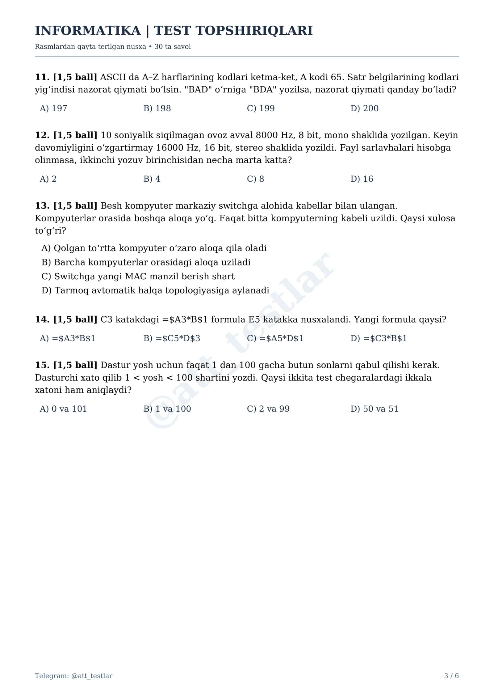 INFORMATIKA | TEST TOPSHIRIQLARI 3
