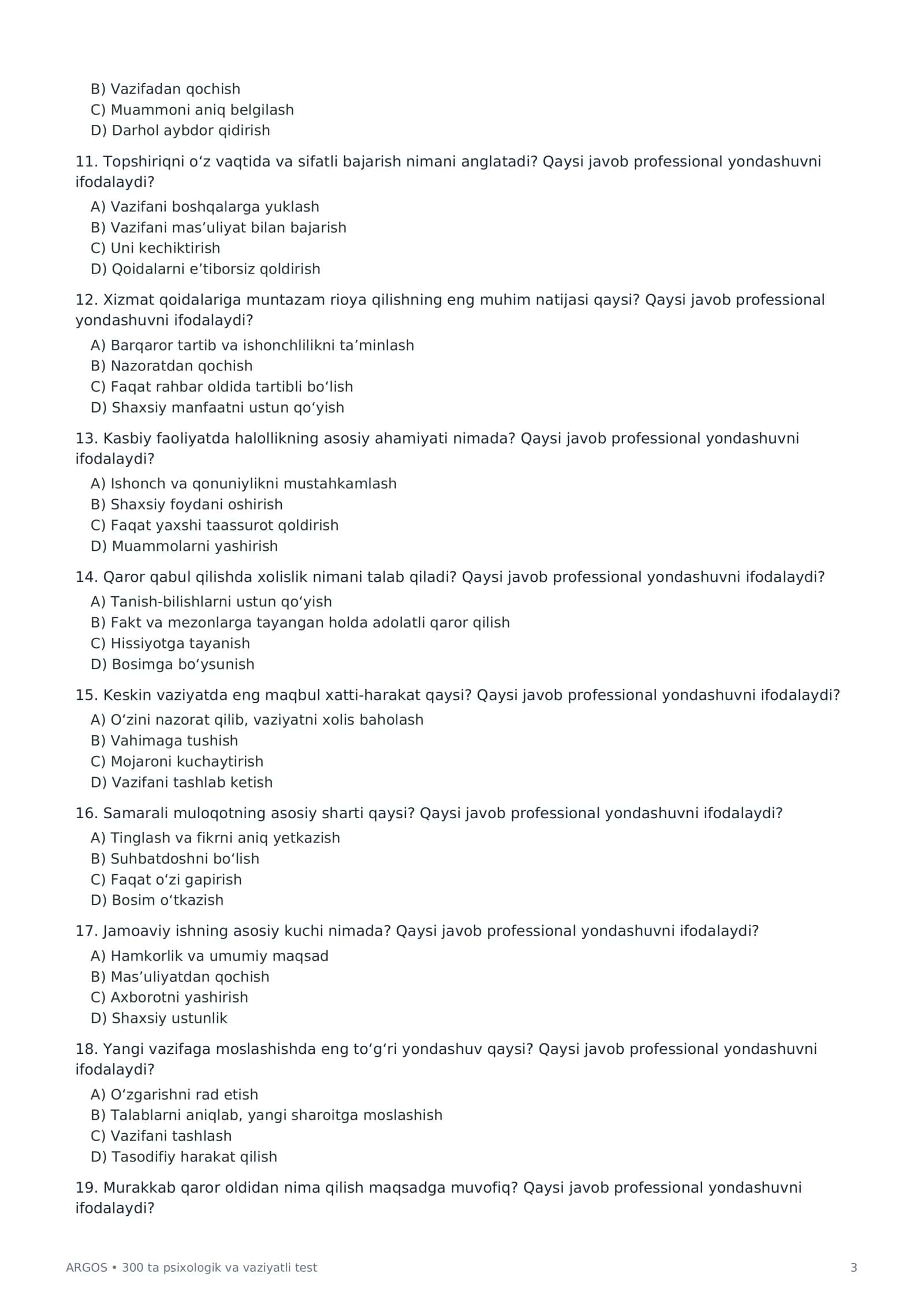 ARGOS 300 ta Psixologik Test | Davlat Xizmati uchun Testlar | Javoblar Kaliti bilan PDF 3