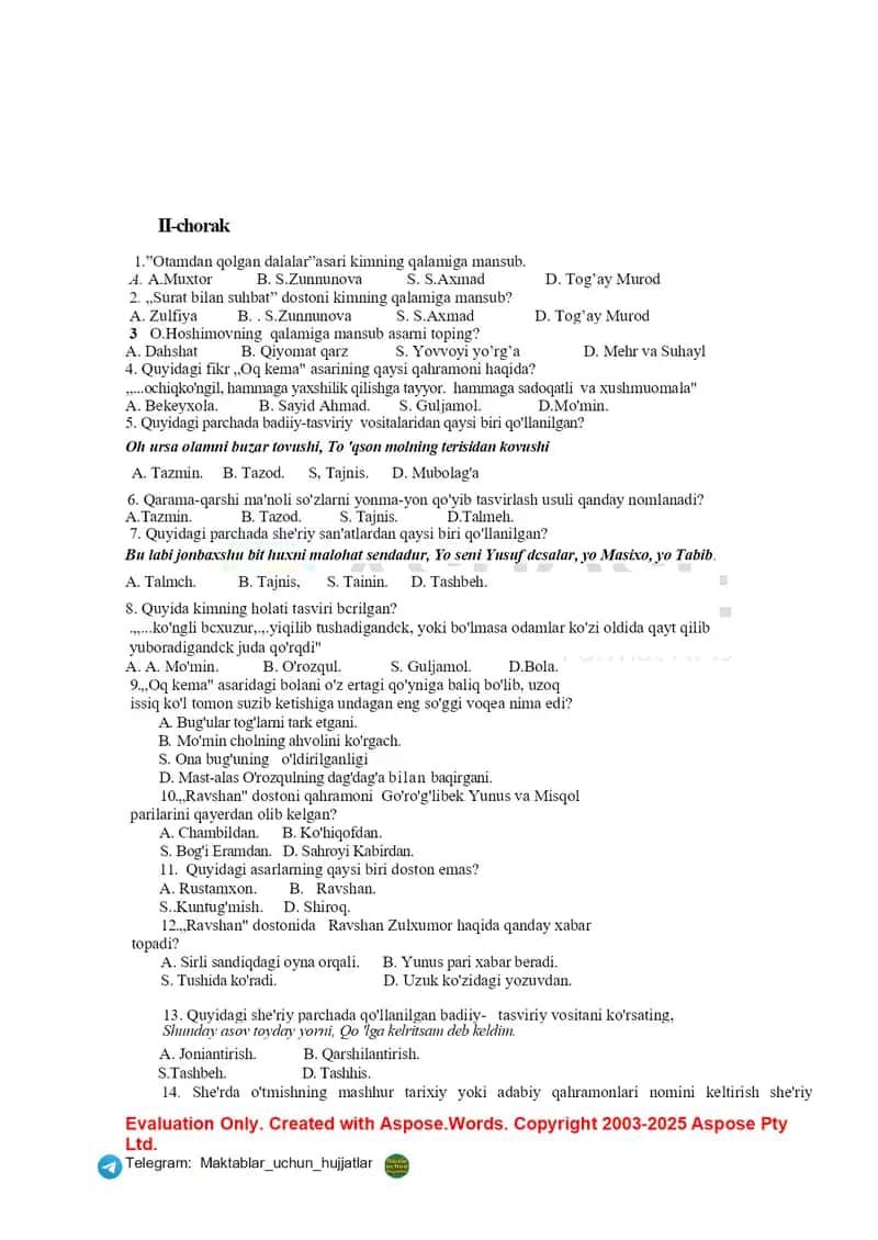 Adabiyot 7-sinf chorak test 3