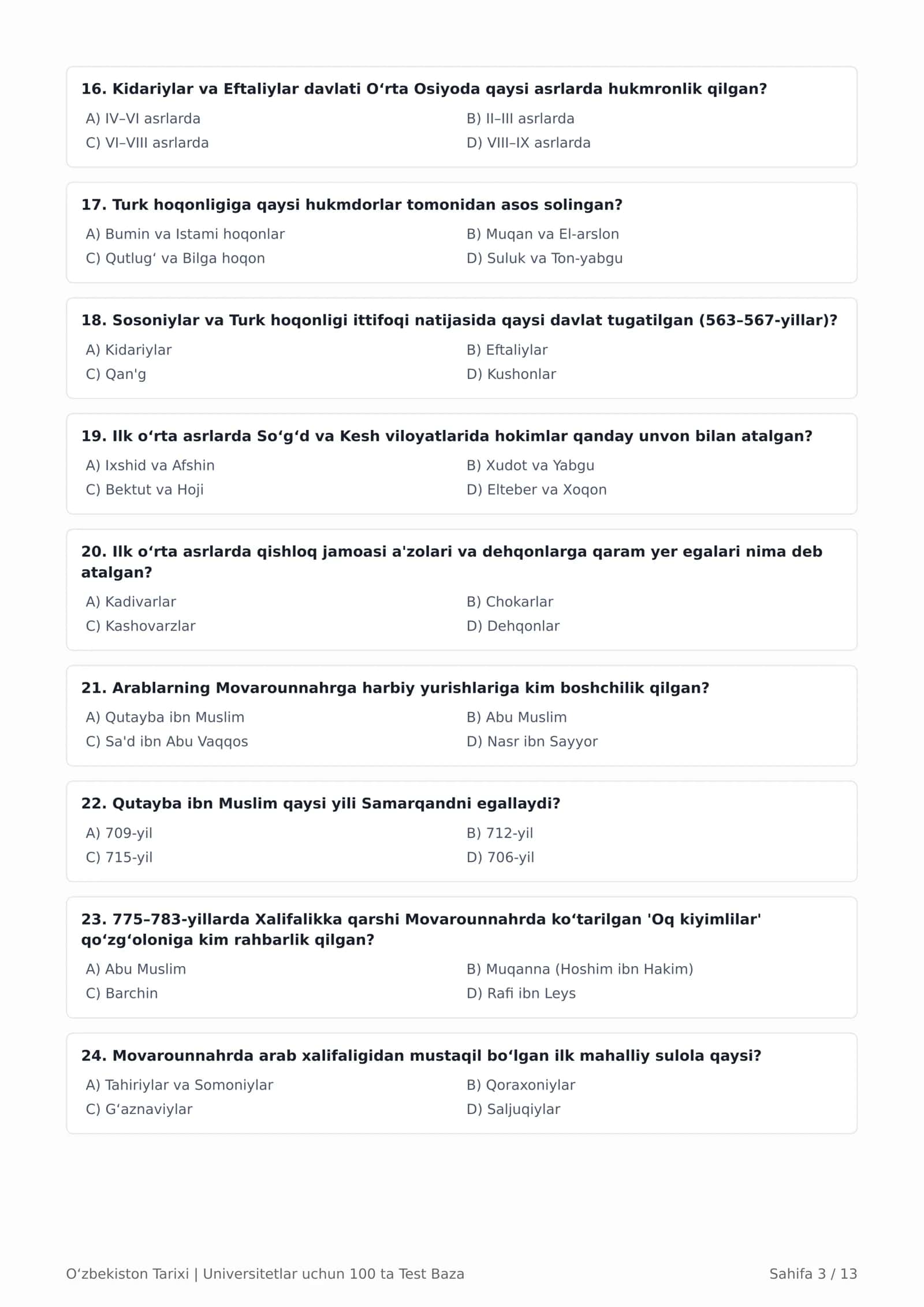 O'zbekiston tarixi  100 ta test to'plami 3