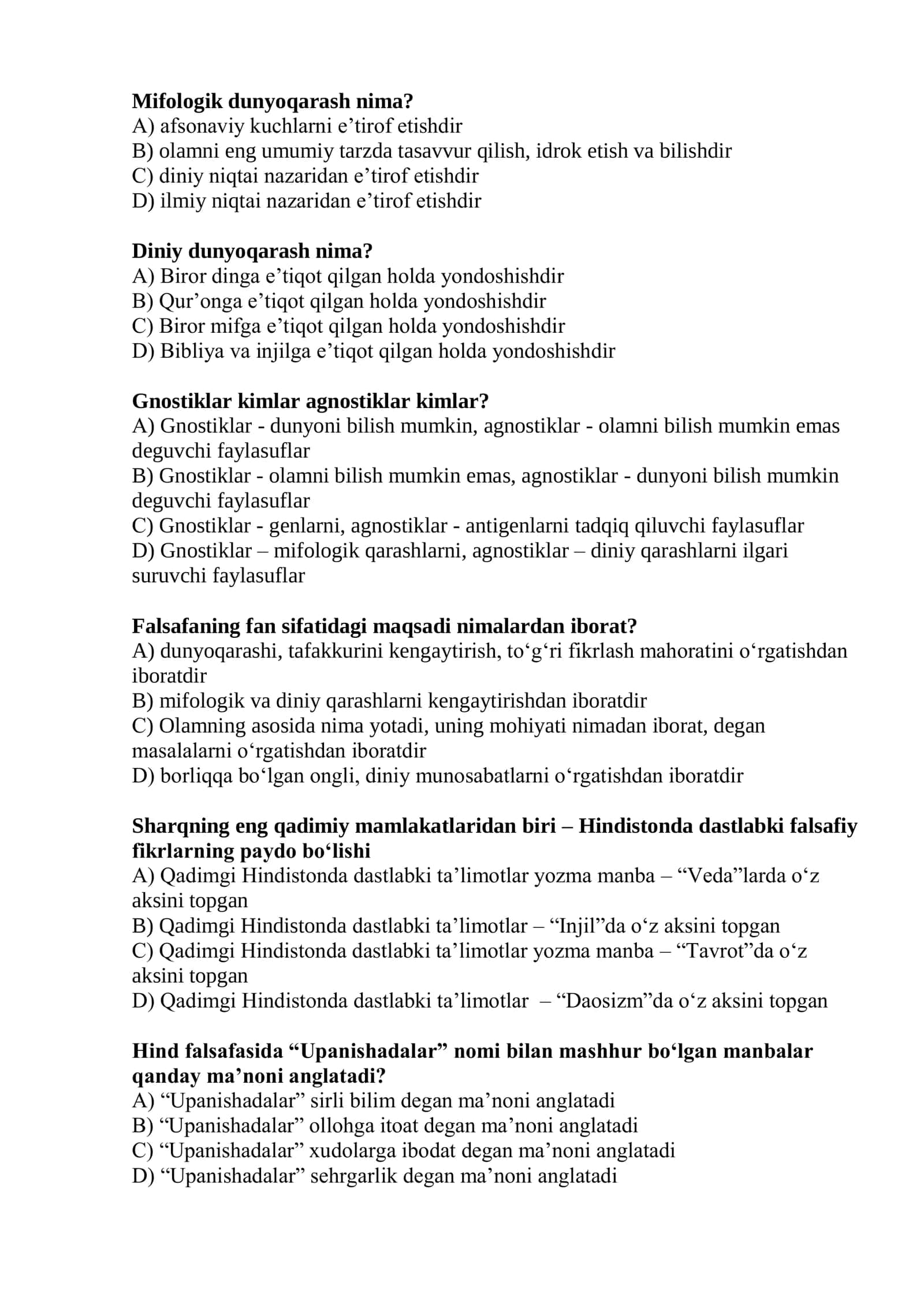 Falsafa fanidan testlar 3