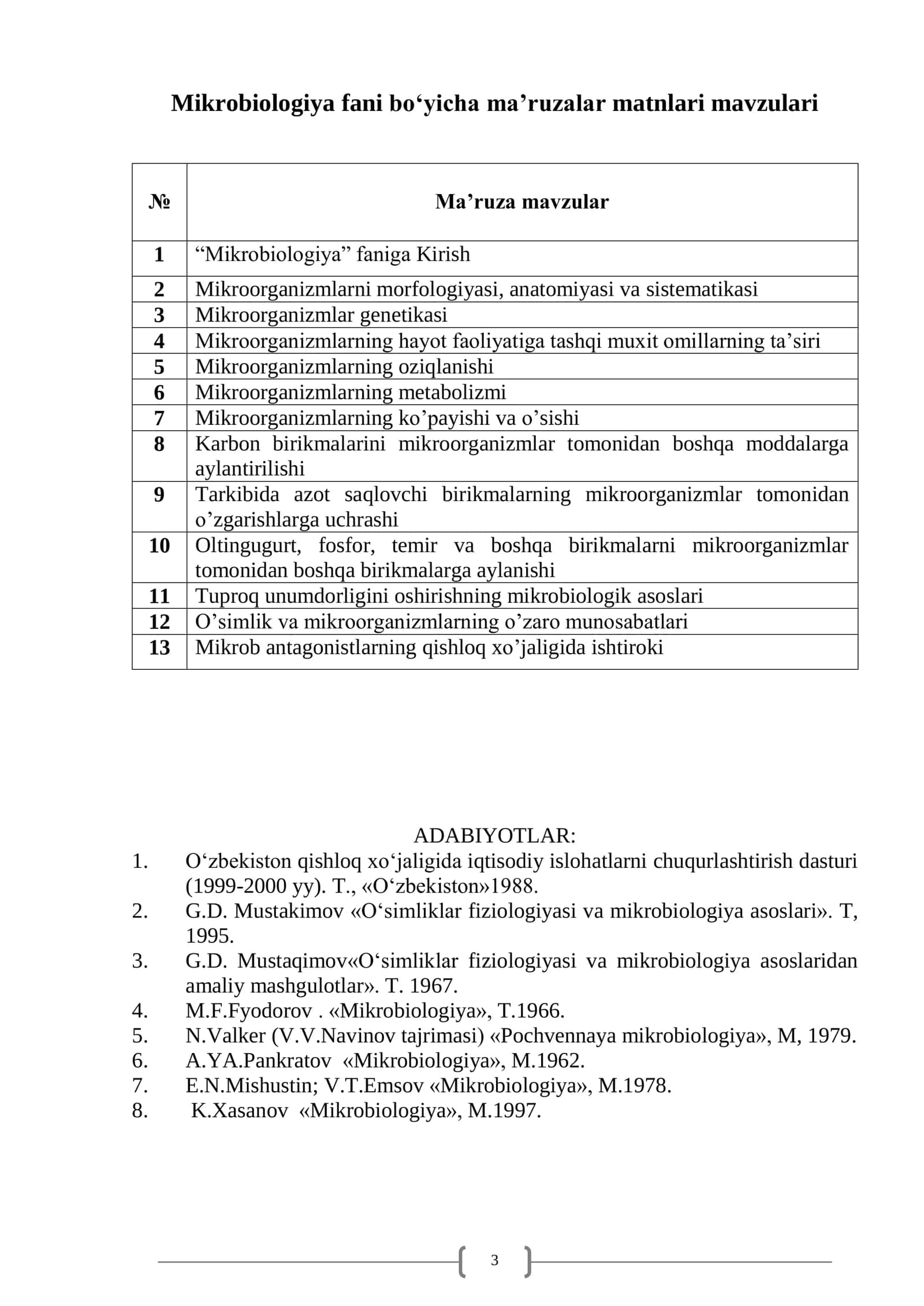 Ma’ruza matnlari: Mikrobiologiya 3