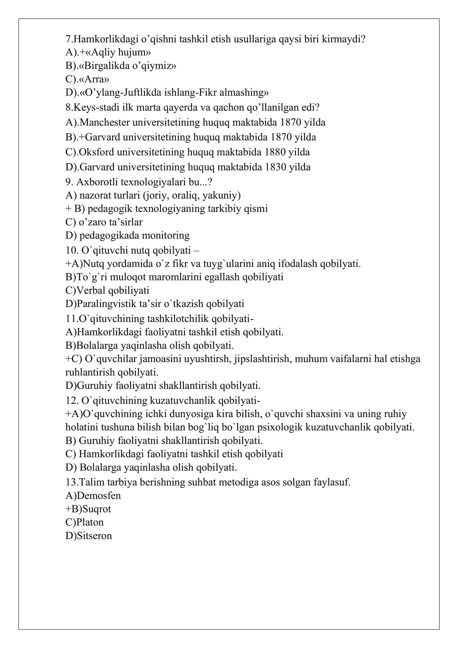 Pedagogik mahorat — attestatsiya testi-javoblari bilan 3