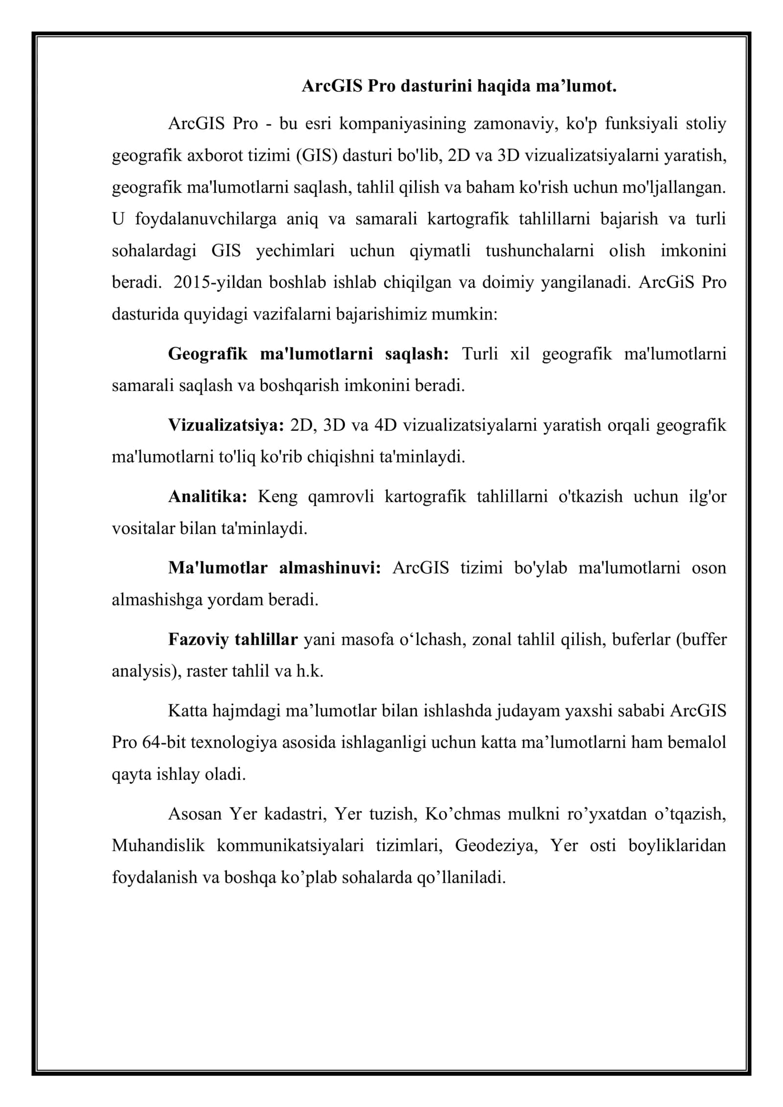 ArcGIS Pro dasturining interfeysi va funksiyalarini o'rganish 3