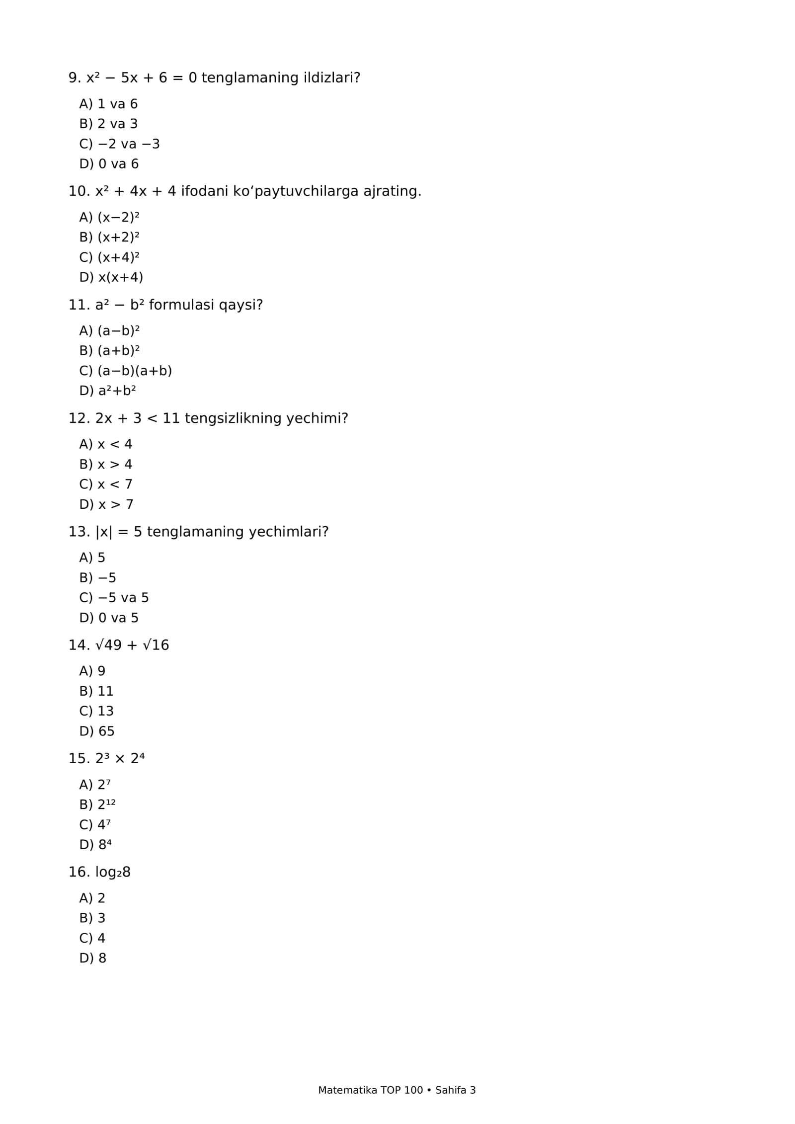2027 OTMga Tayyorgarlik — Matematika TOP 100 Test | Javoblar bilan 3
