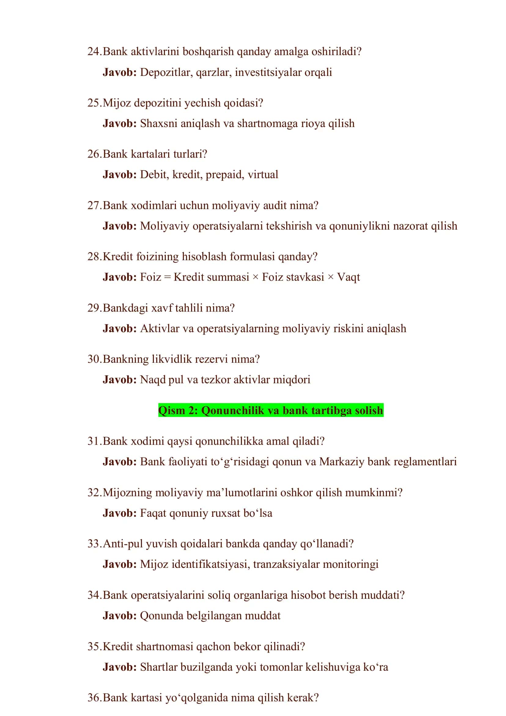 BANK XODIMLARI UCHUN MALAKA TESTI 3