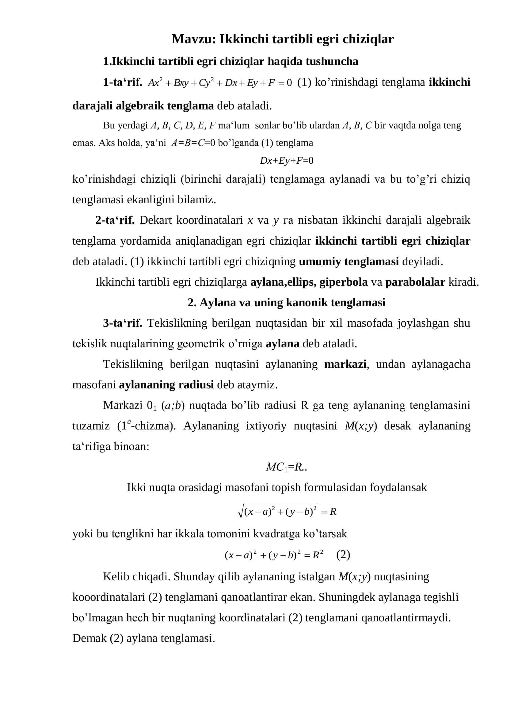Ikkinchi tartibli egri chiziqlar: Aylana, ellips, giperbola, parabola 3