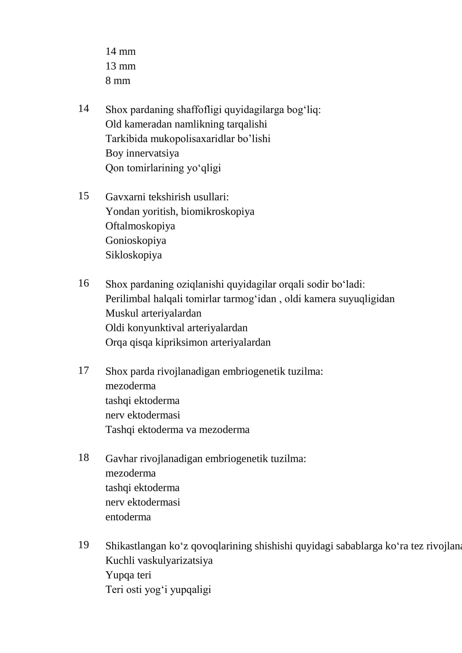 Oftalmologiya mutaxassisligi boʻyicha shakllantirilgan test savollari roʻyxati 2026 3