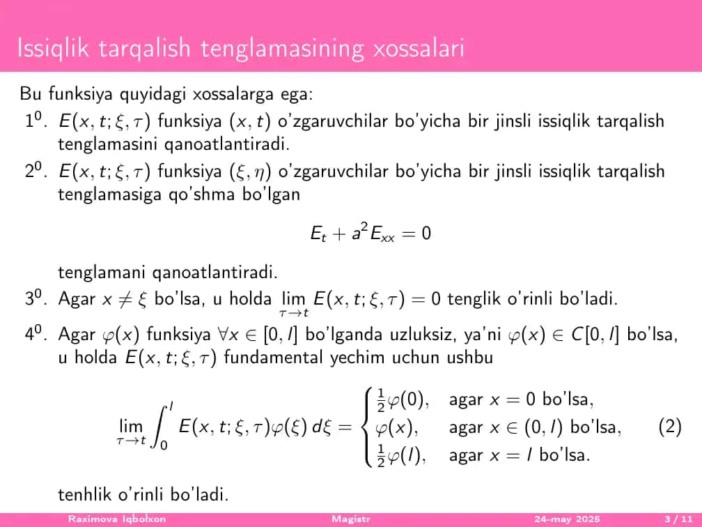 issiqlik tarqalish operatorining fundamental yechimi 3