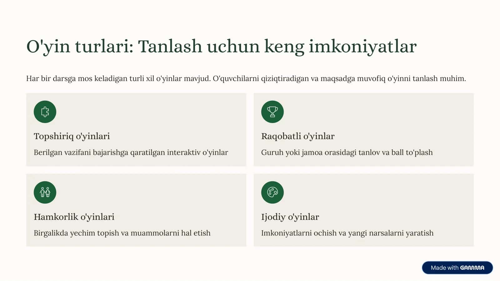 O'yinlar, darsda foydalanish uchun 3