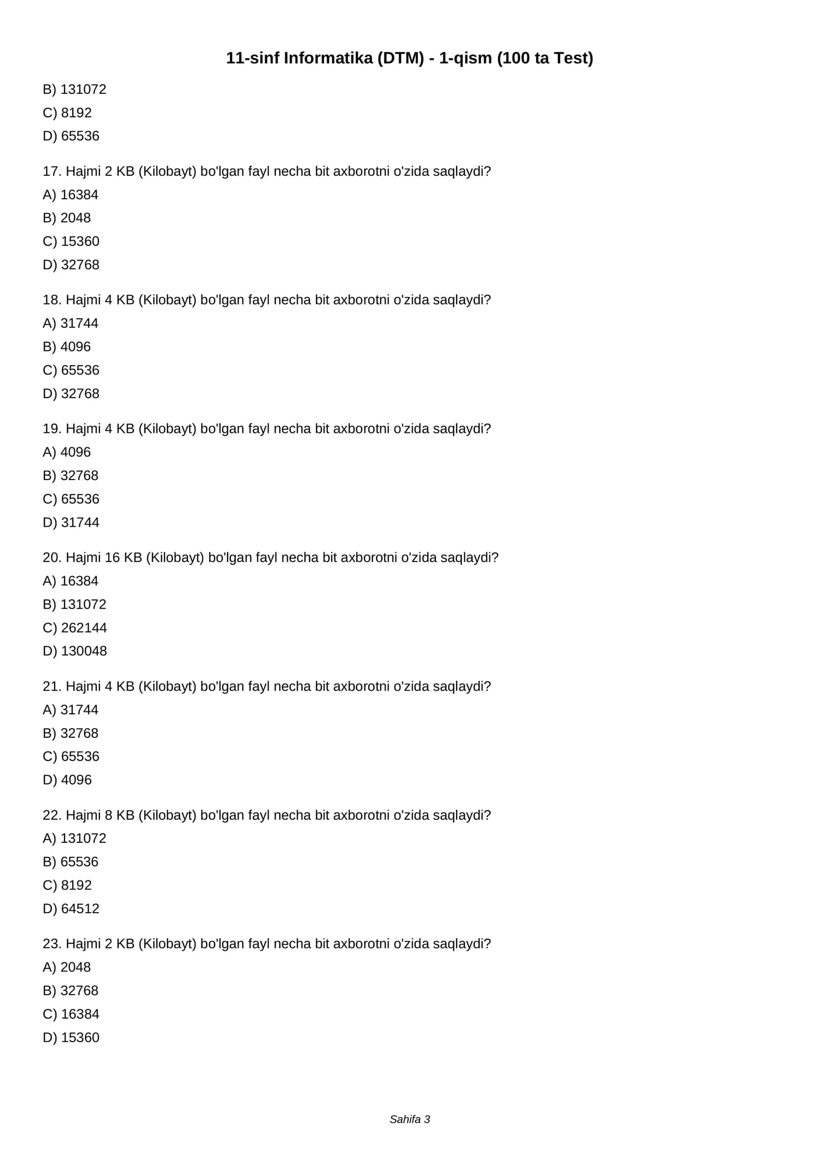 11-sinf Informatika (DTM) - 1-qism (100 ta Test) 3