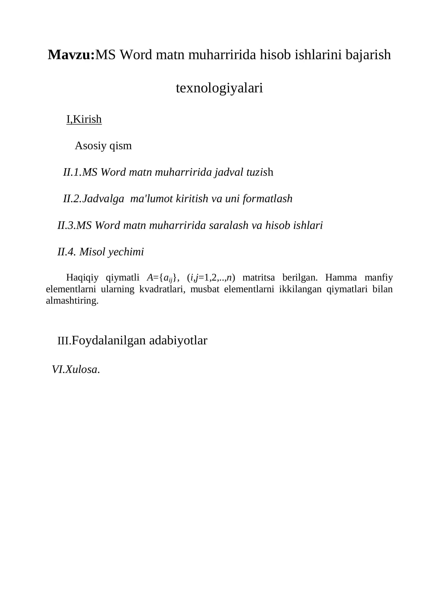 MS Word matn muharririda hisob ishlarini bajarish texnologiyalari 3