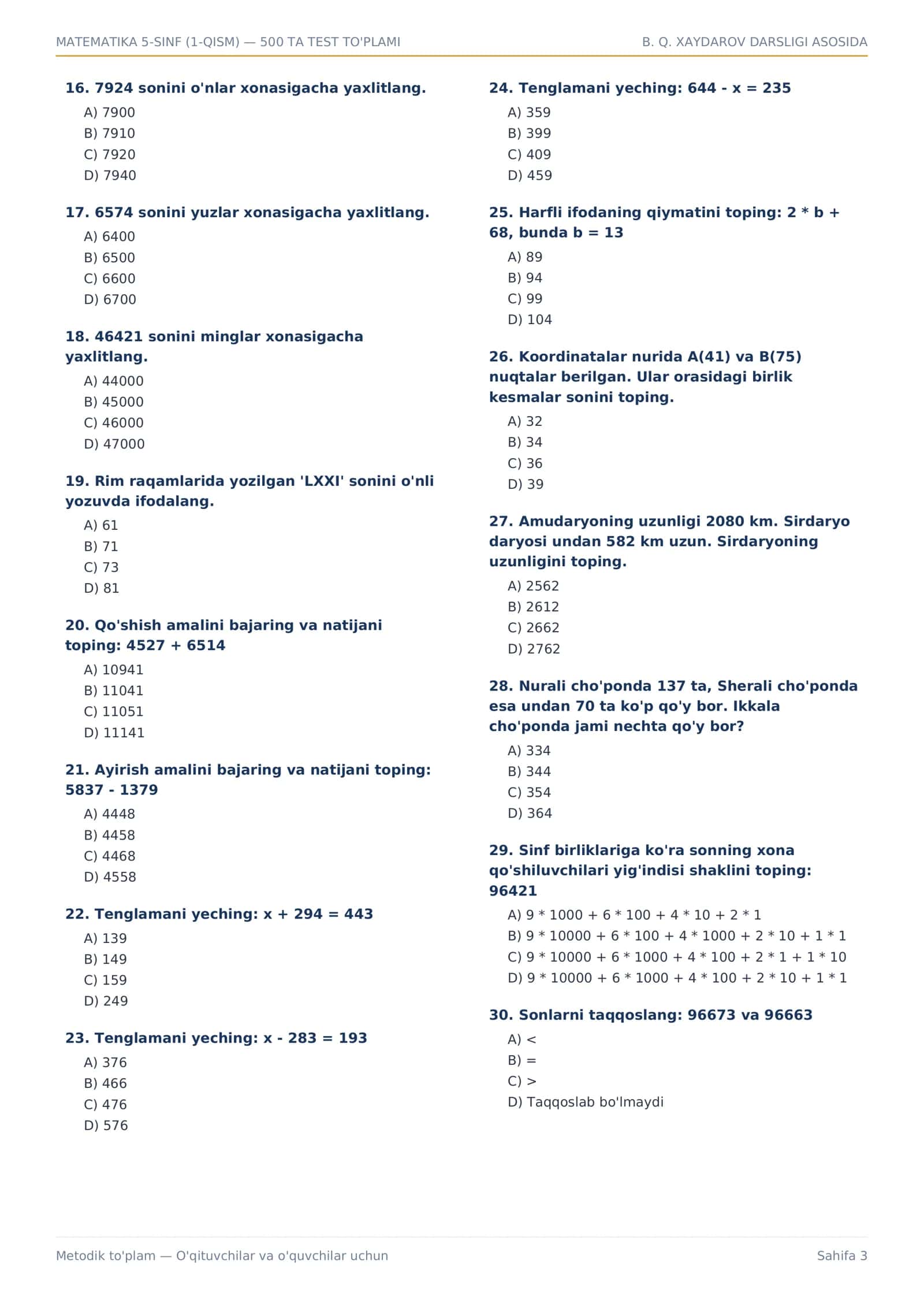 5-SINF MATEMATIKA 1-QISM — 500 TA TEST | JAVOBLARI BILAN | PDF 3