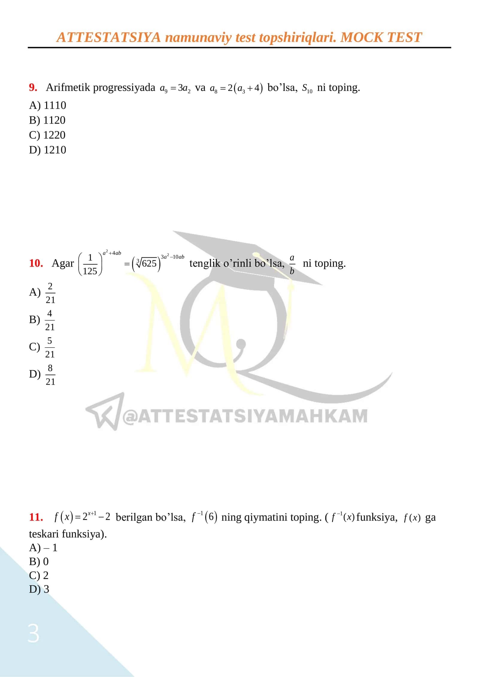 ATTESTATSIYA namunaviy test topshiriqlari. MOCK TEST 3