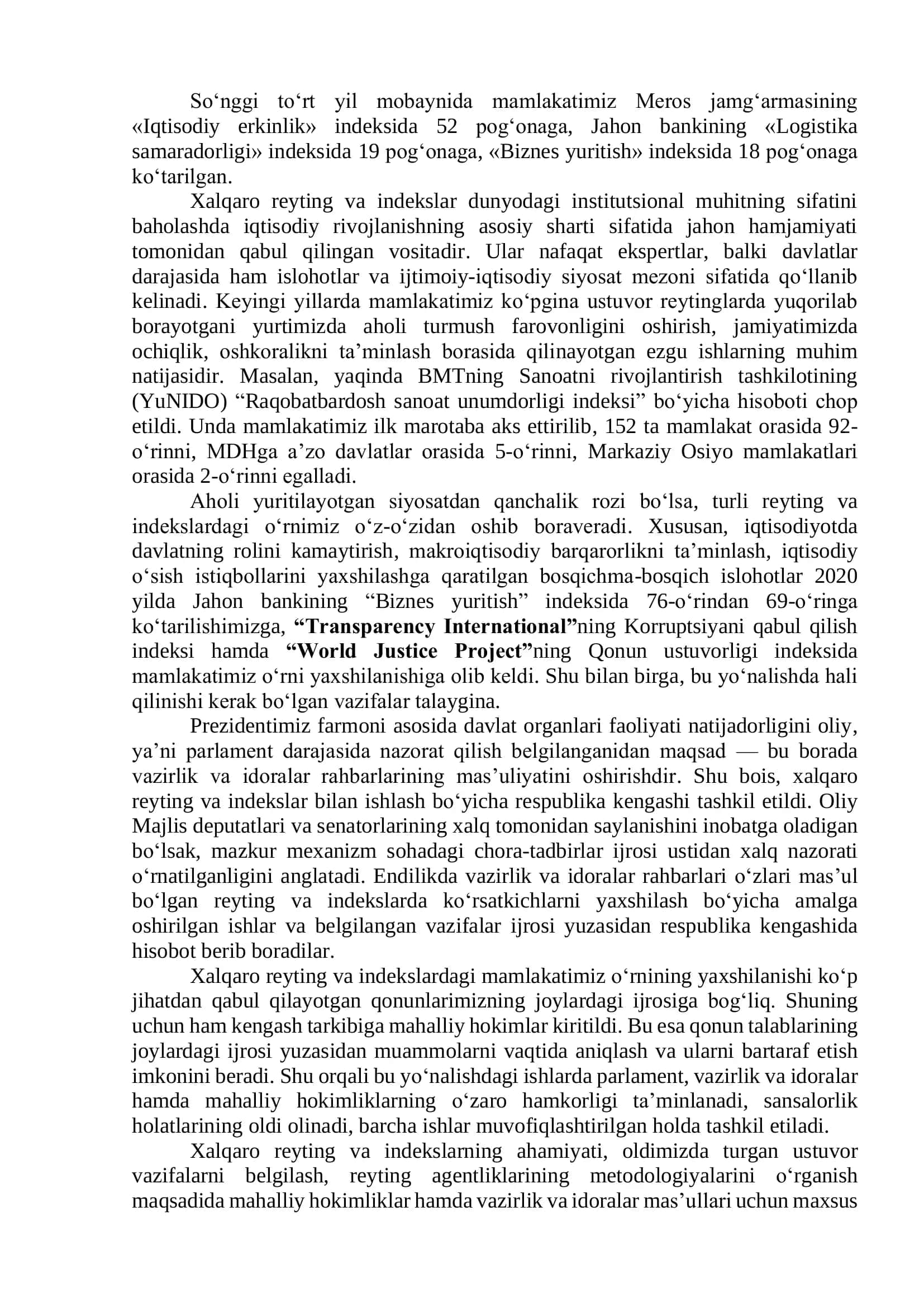 Yangi O‘zbekiston ijtimoiy-siyosiy, iqtisodiy va madaniy hayotida roʻy berayotgan oʻzgarishlarning xalqaro reyting va indekslarda aks etishi 3