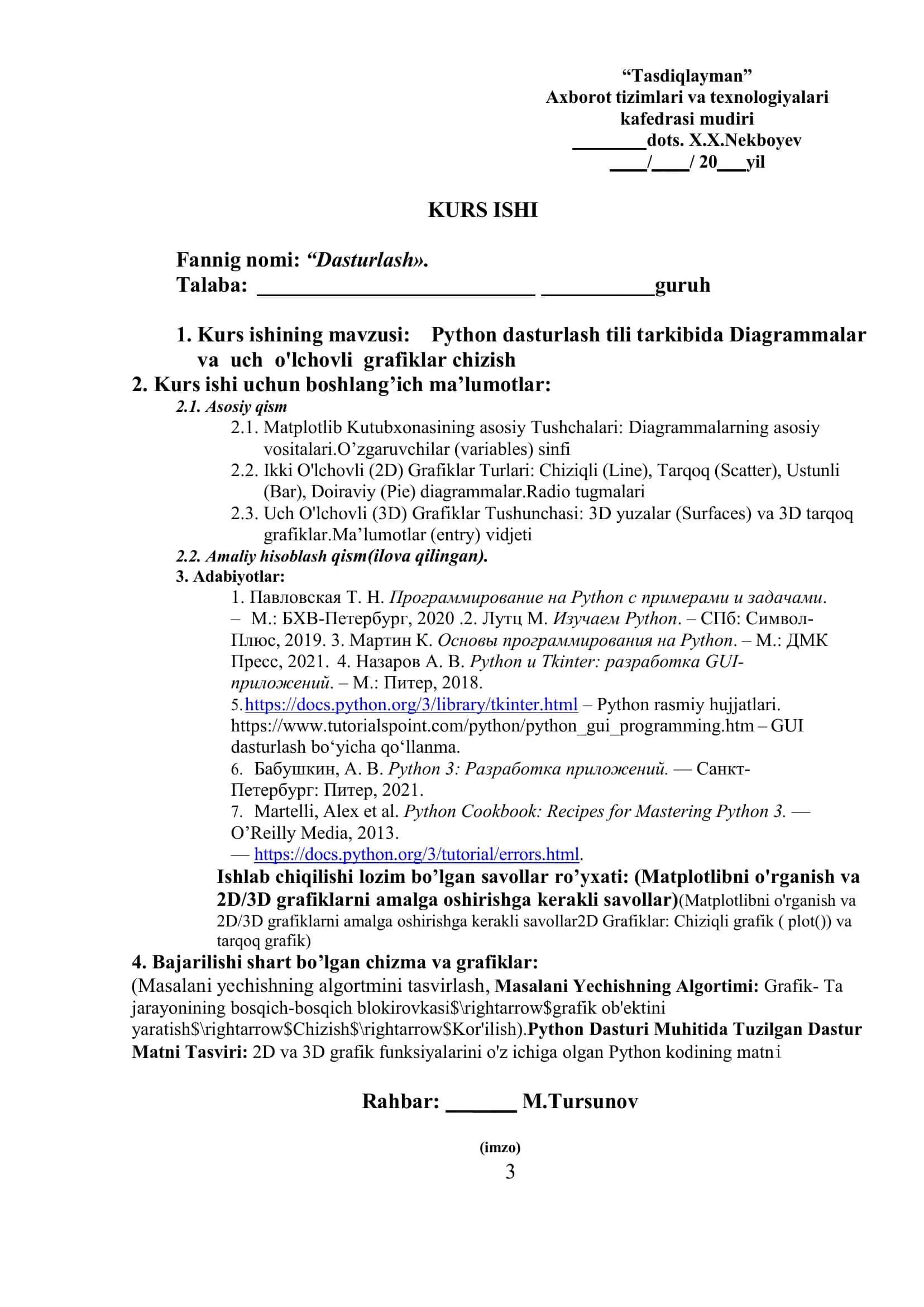 Python dasturlash tili tarkibida Diagrammalar va uch o'lchovli grafiklar chizish kurs ish 3