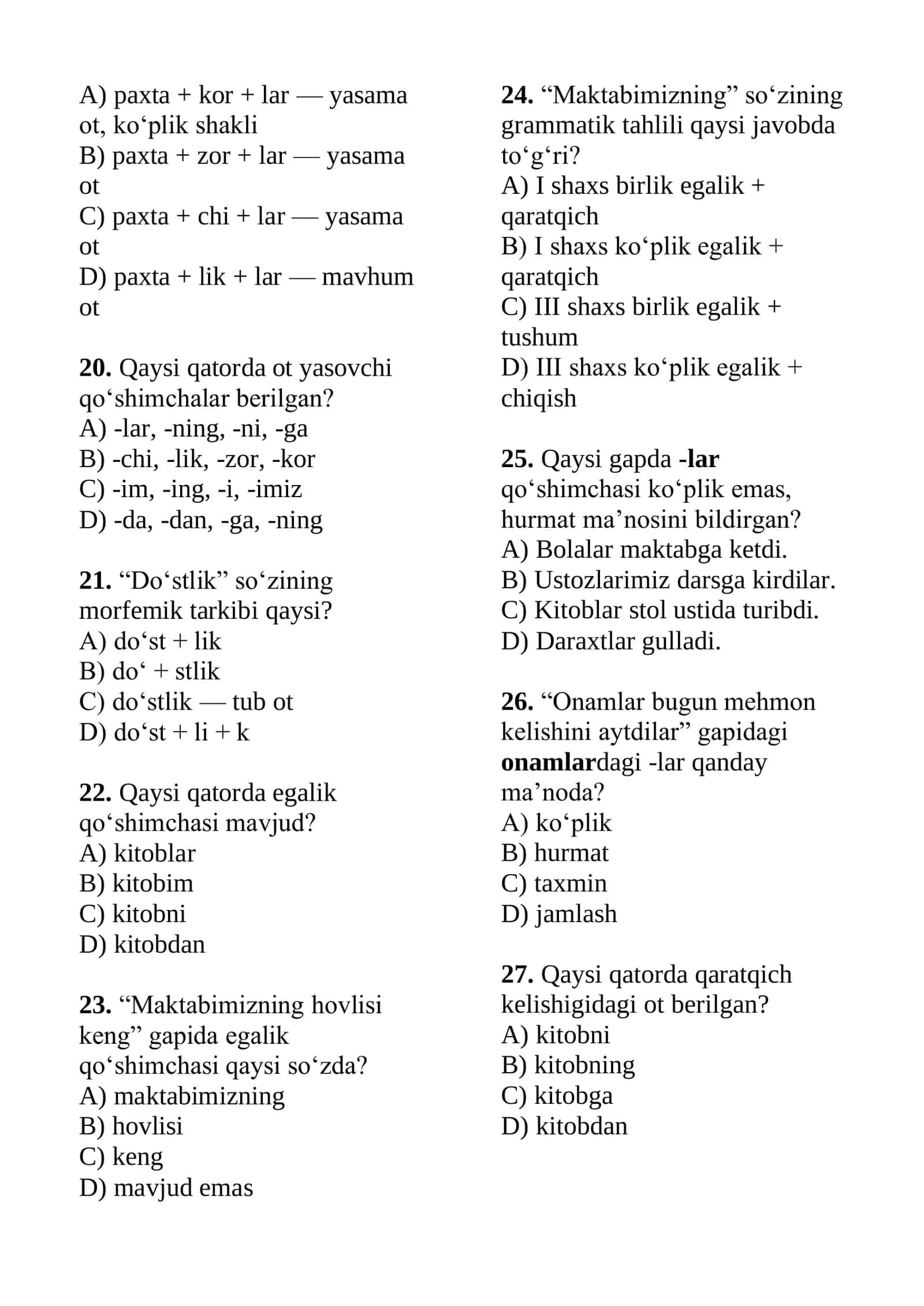 Ona tili, ot so'z turkumiga oid 60ta test javobli 3