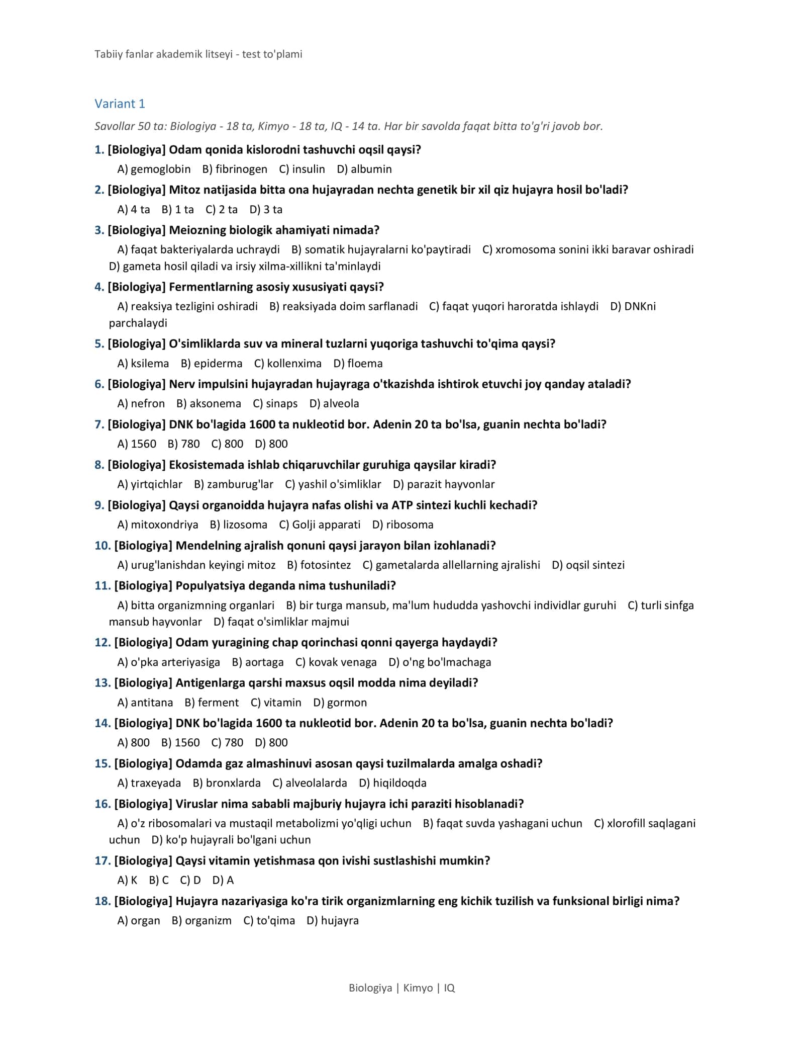 Tabiiy fanlar akademik litseyi - test to'plami 3