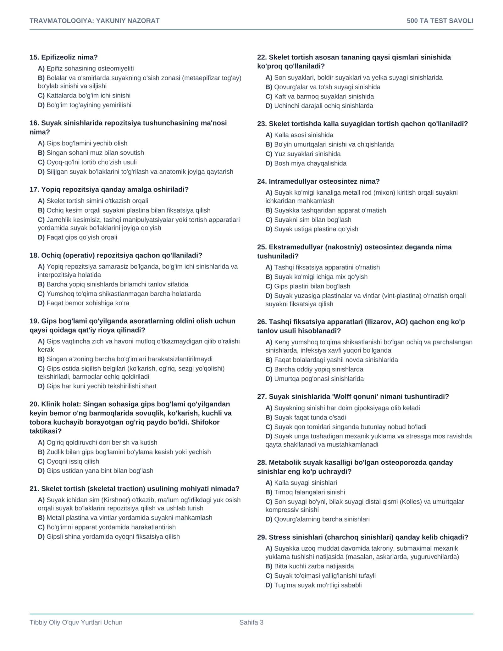 Travmatologiya — yakuniy nazorat uchun 500 ta test savoli + javoblari 3
