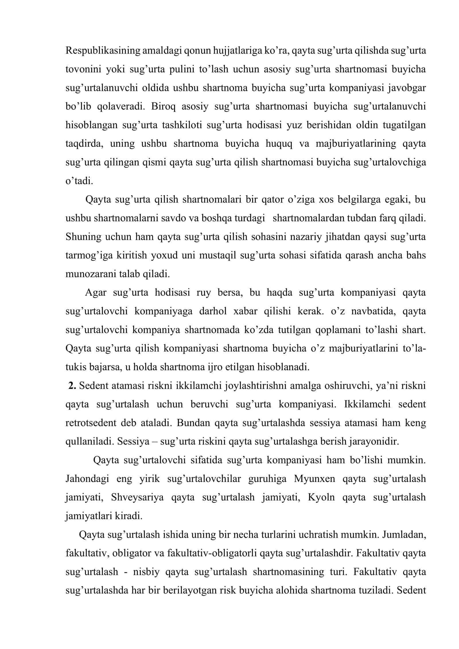 Qayta sug'urta tashkil etish tartibi 3