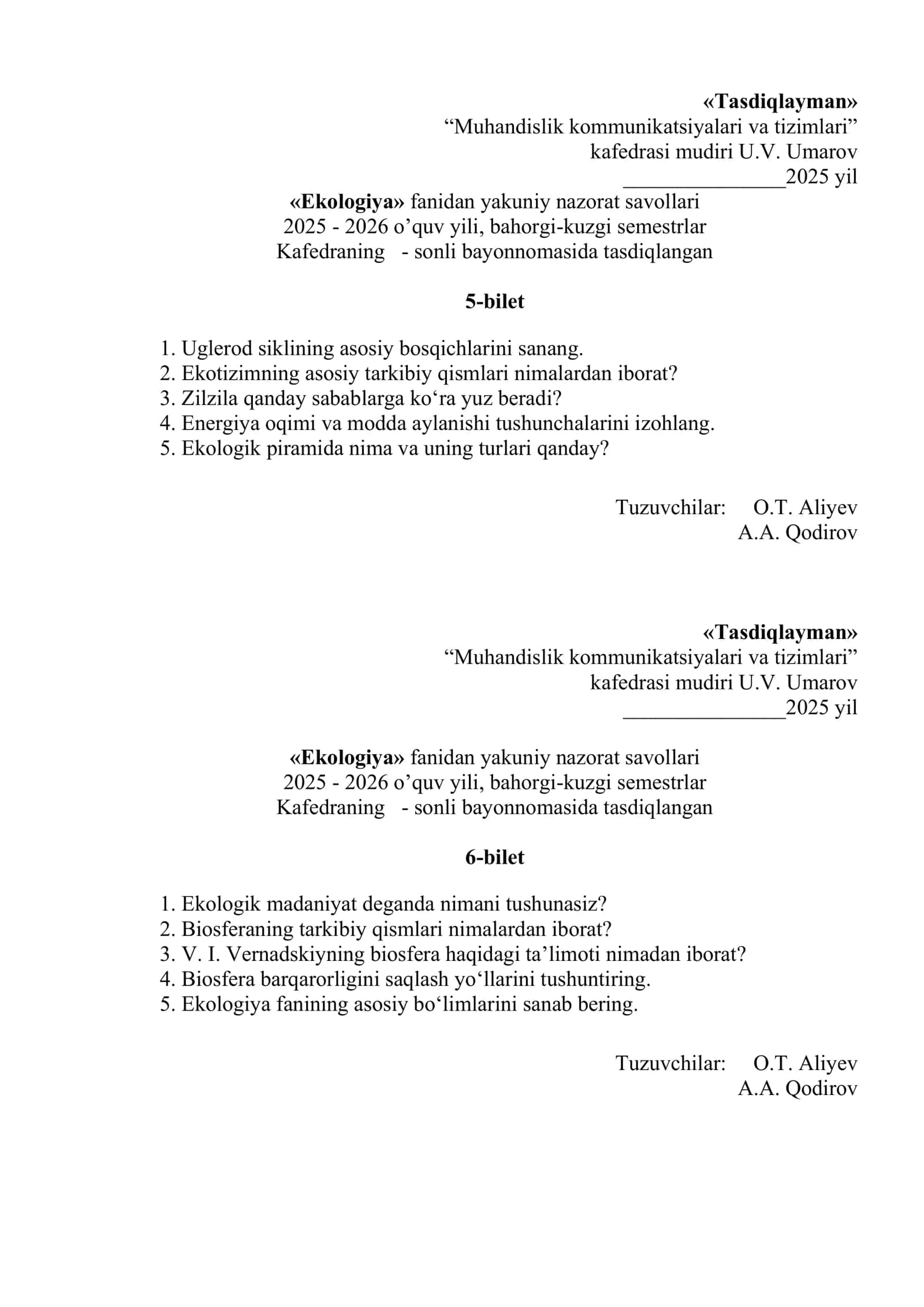 «Ekologiya» fanidan yakuniy nazorat savollari 3