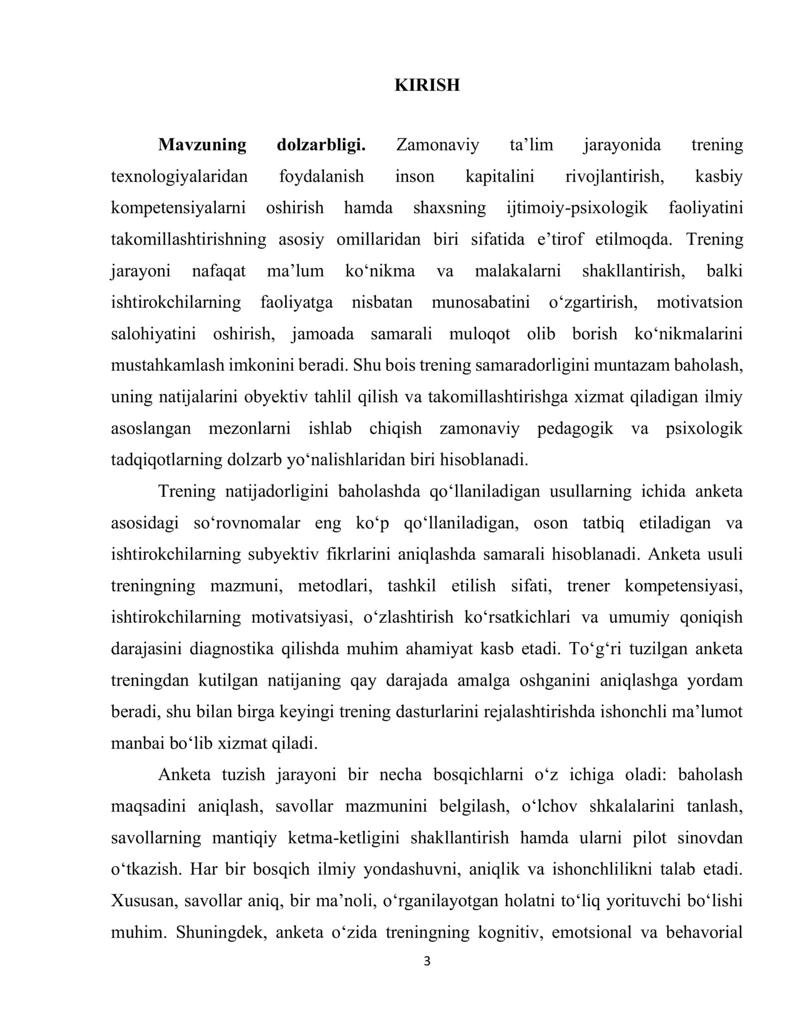 Trening effektivligini o'rganish bo'yicha anketa tuzish 3