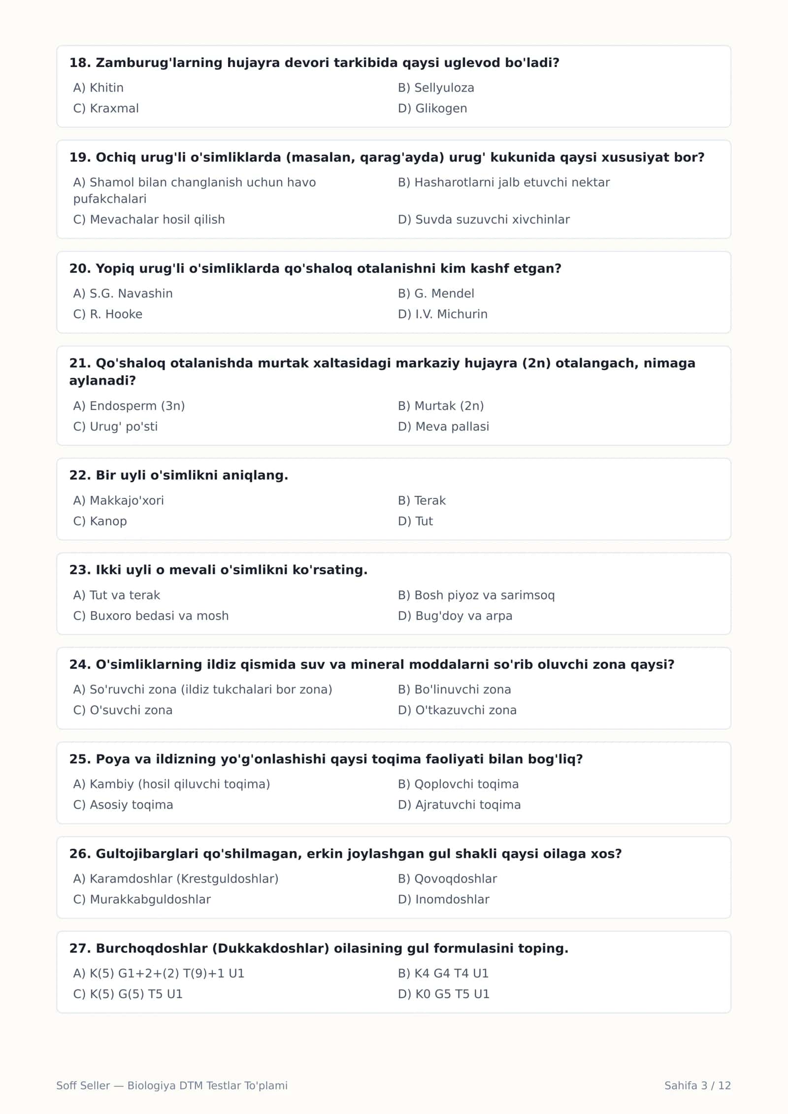 BIOLOGIYA — DTM TESTLAR TO'PLAMI 3