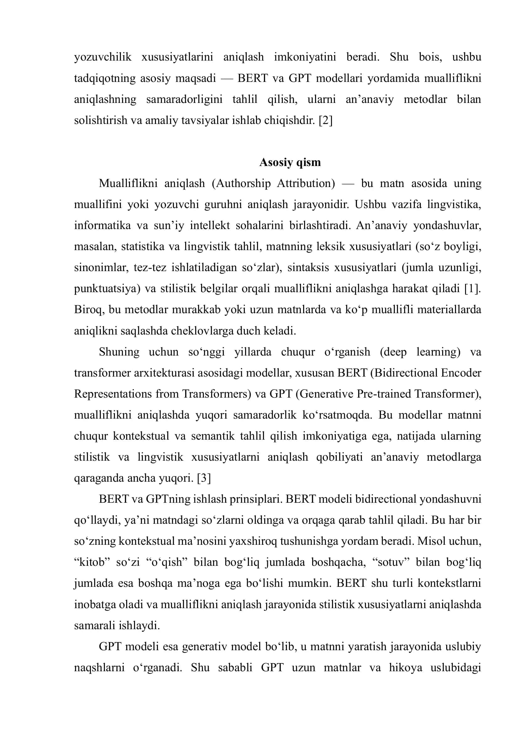 MUALLIFLIKNI ANIQLASHDA TIL MODELLARI(BERT GPT)NING SAMARADORLIGI 3