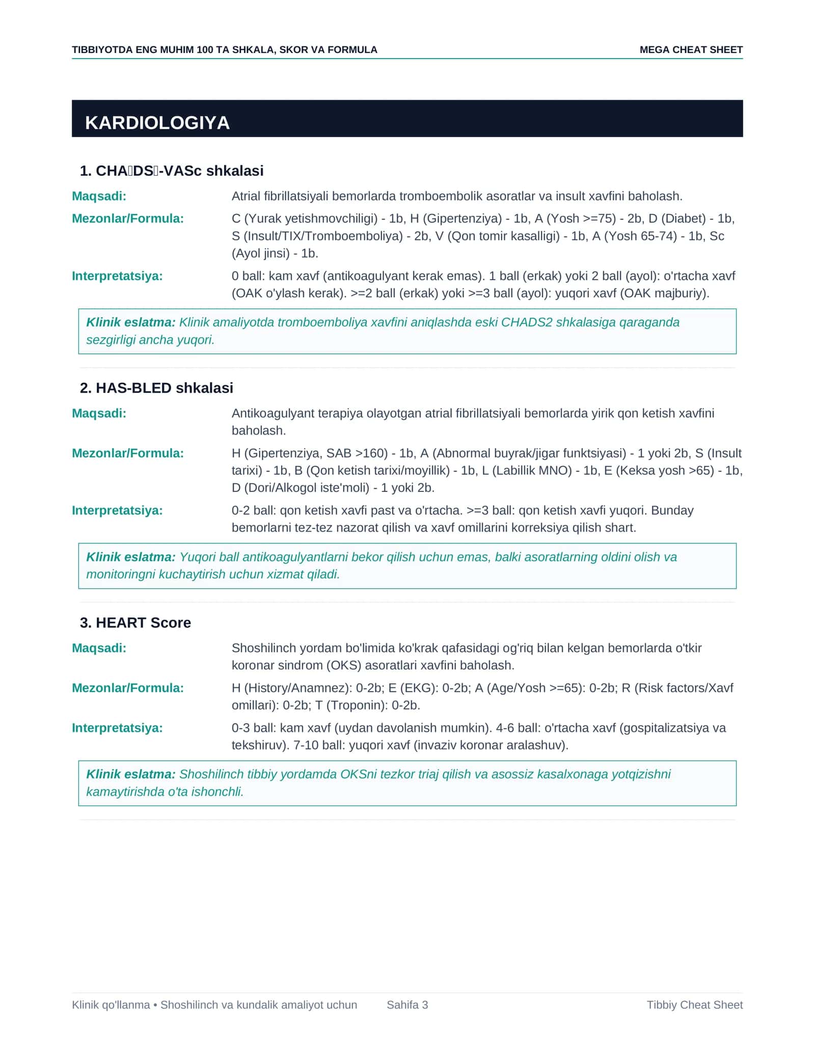 TIBBIYOTDA ENG MUHIM 100 TA SHKALA, SKOR VA FORMULA — MEGA CHEAT SHEET 3
