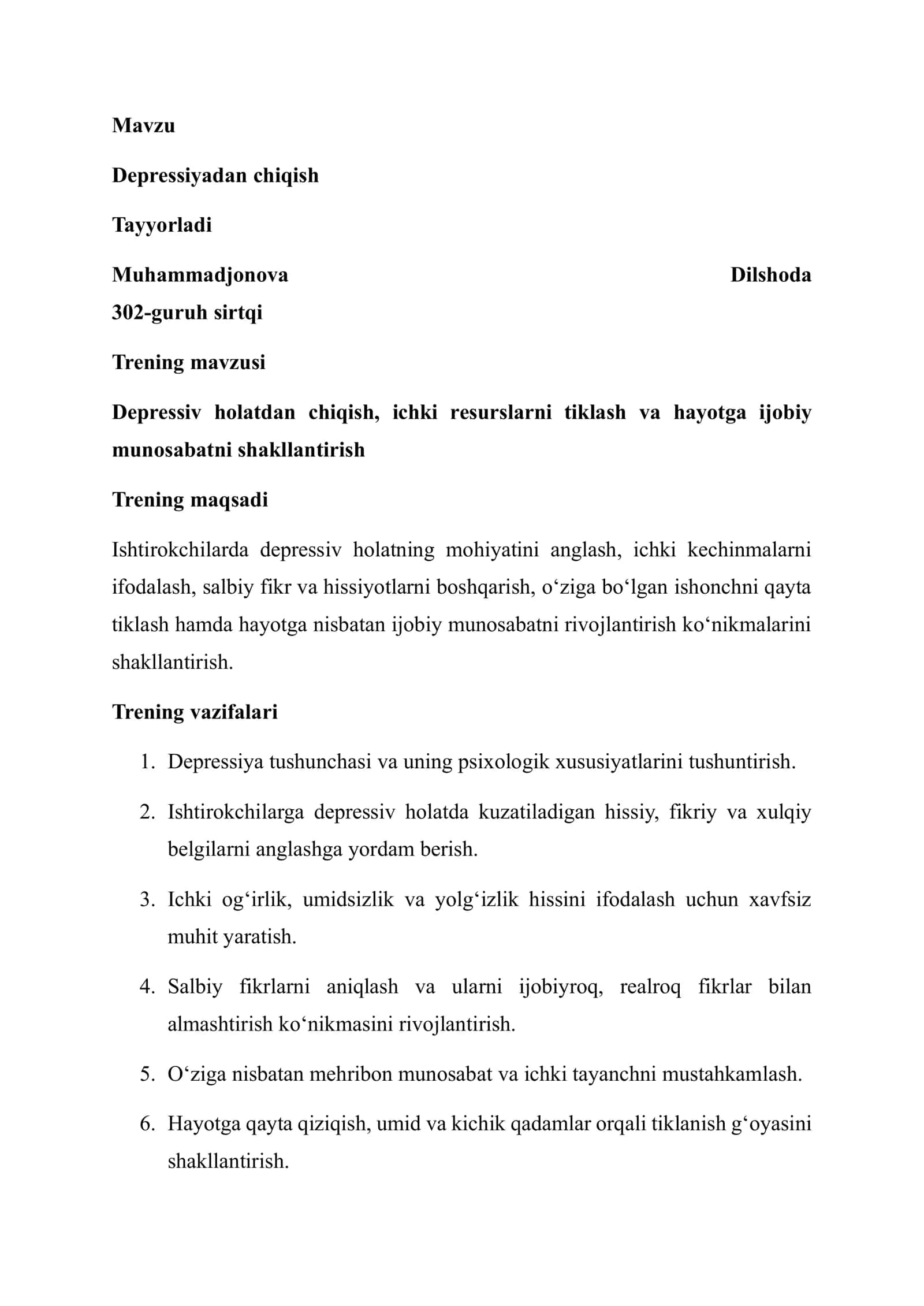 Depressiyadan chiqish 3