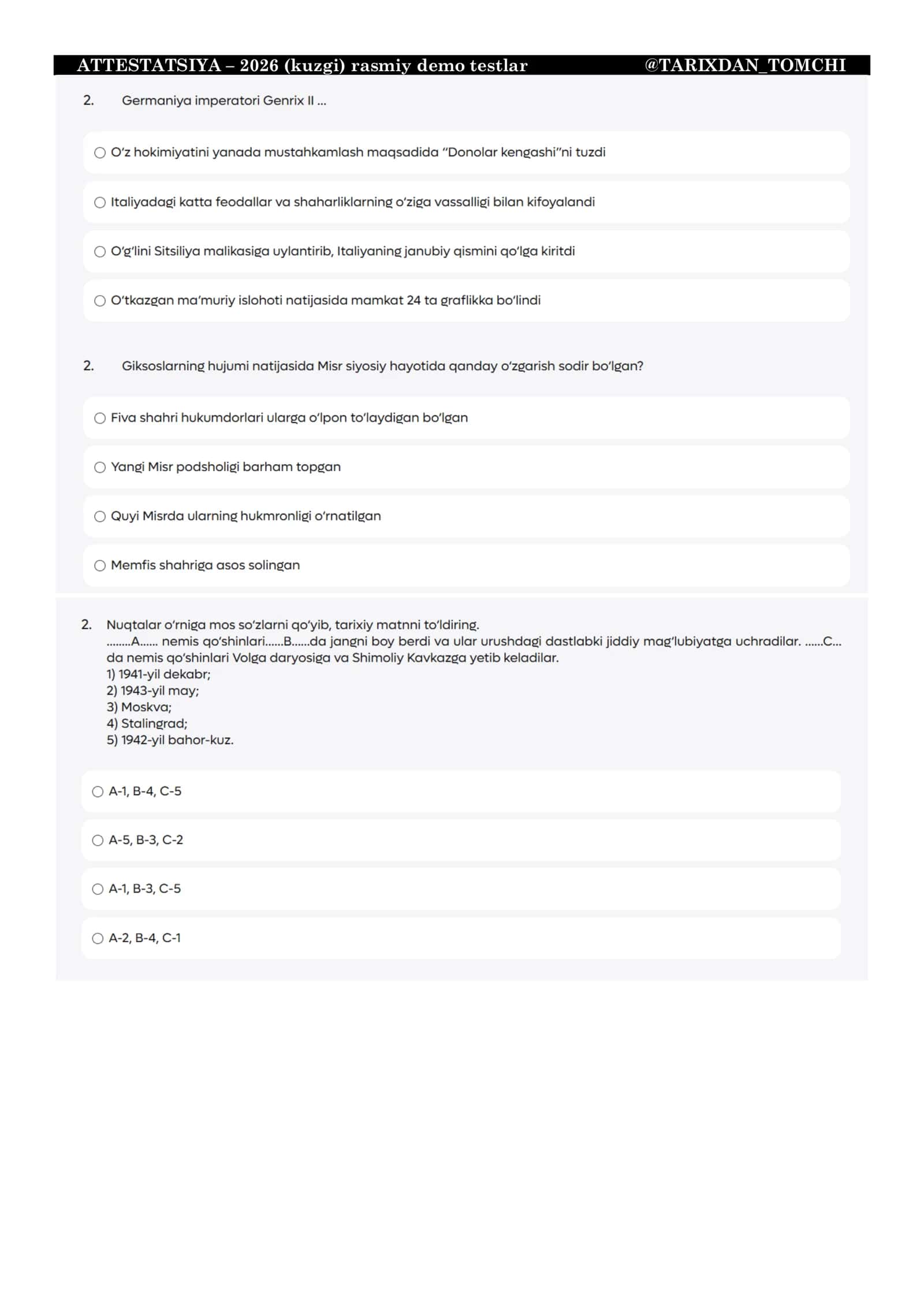 TARIX ATTESTATSIYA – 2026 (kuzgi) rasmiy demo testlar 3