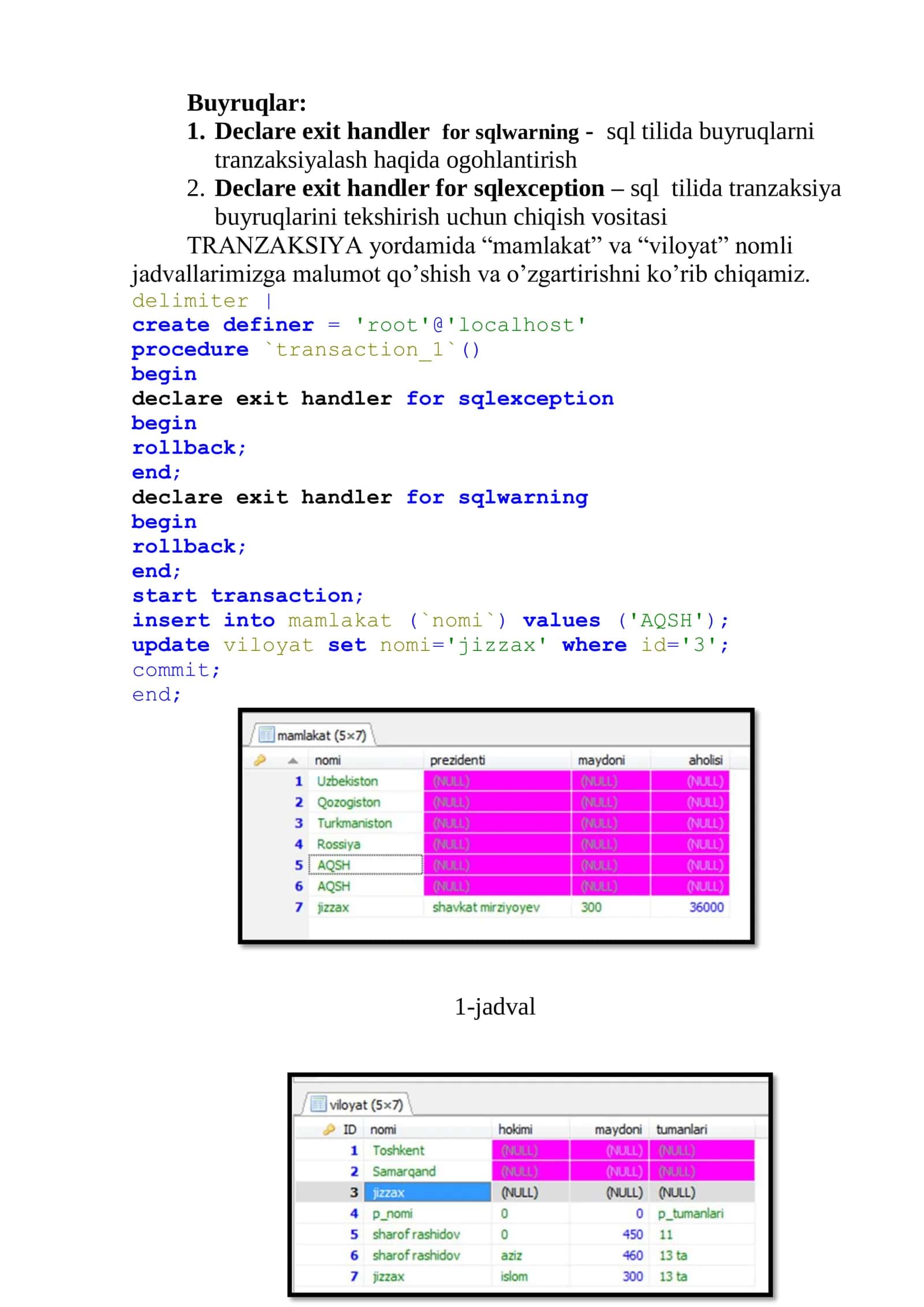 MySQL Tranzaksiyalar. Arhivlash va qayta tiklash 3
