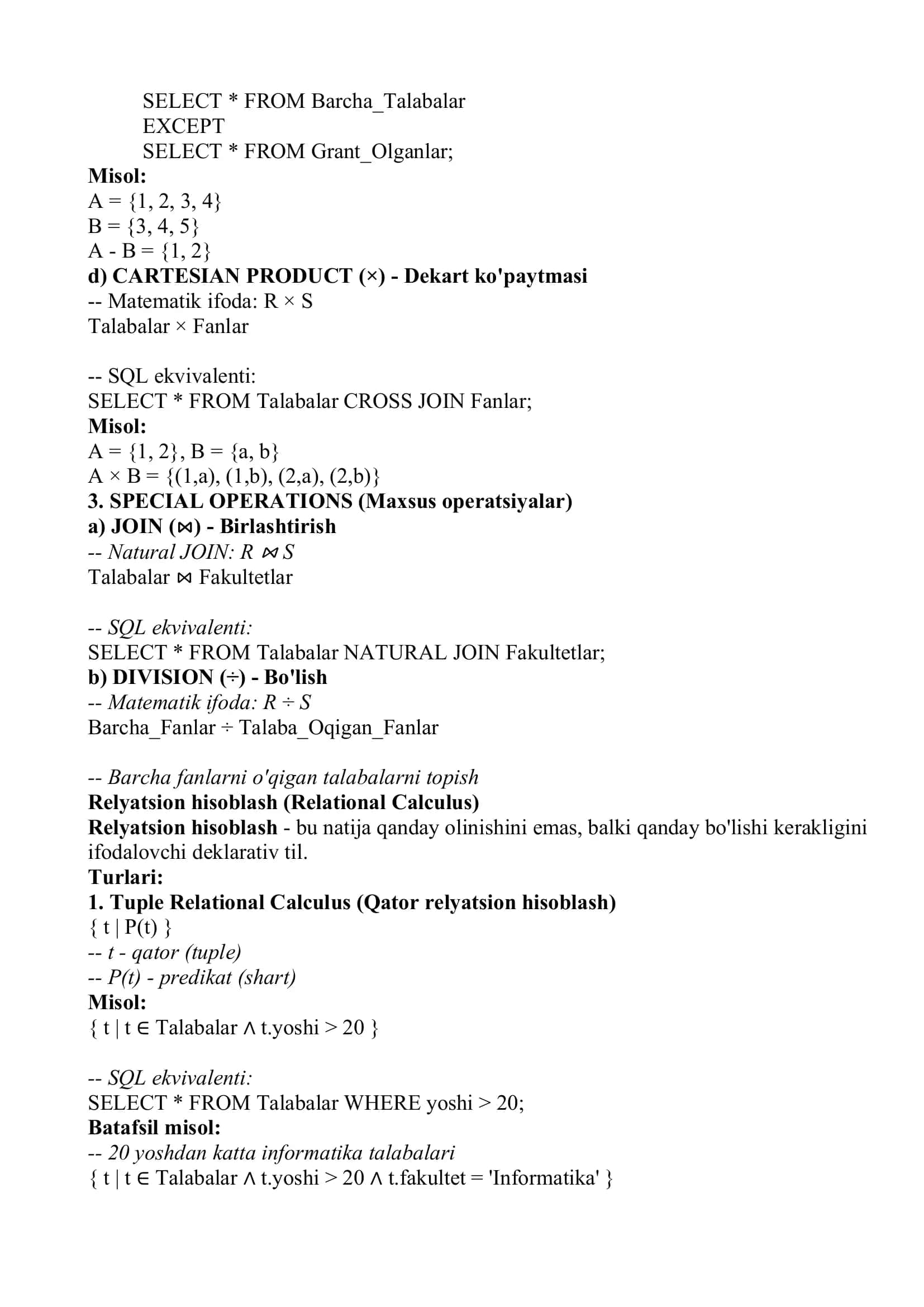 Relyatsion algebra va relyatsion hisoblash elementlari 3
