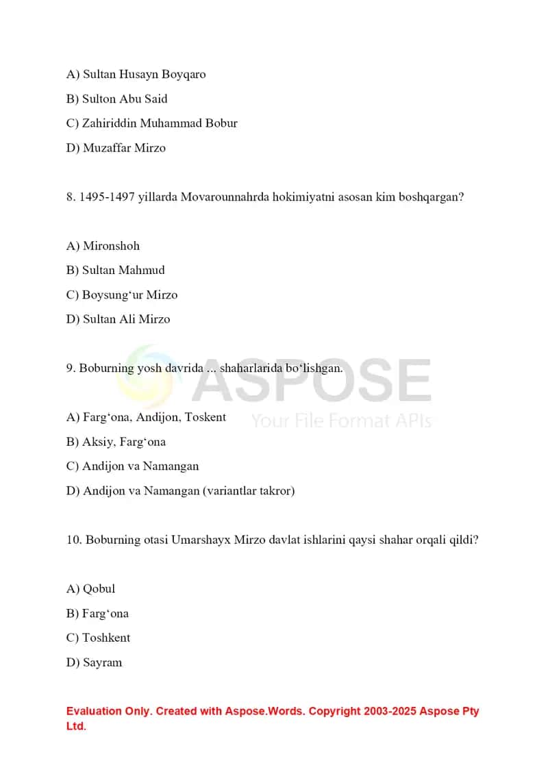 Tarixdan testlar 3