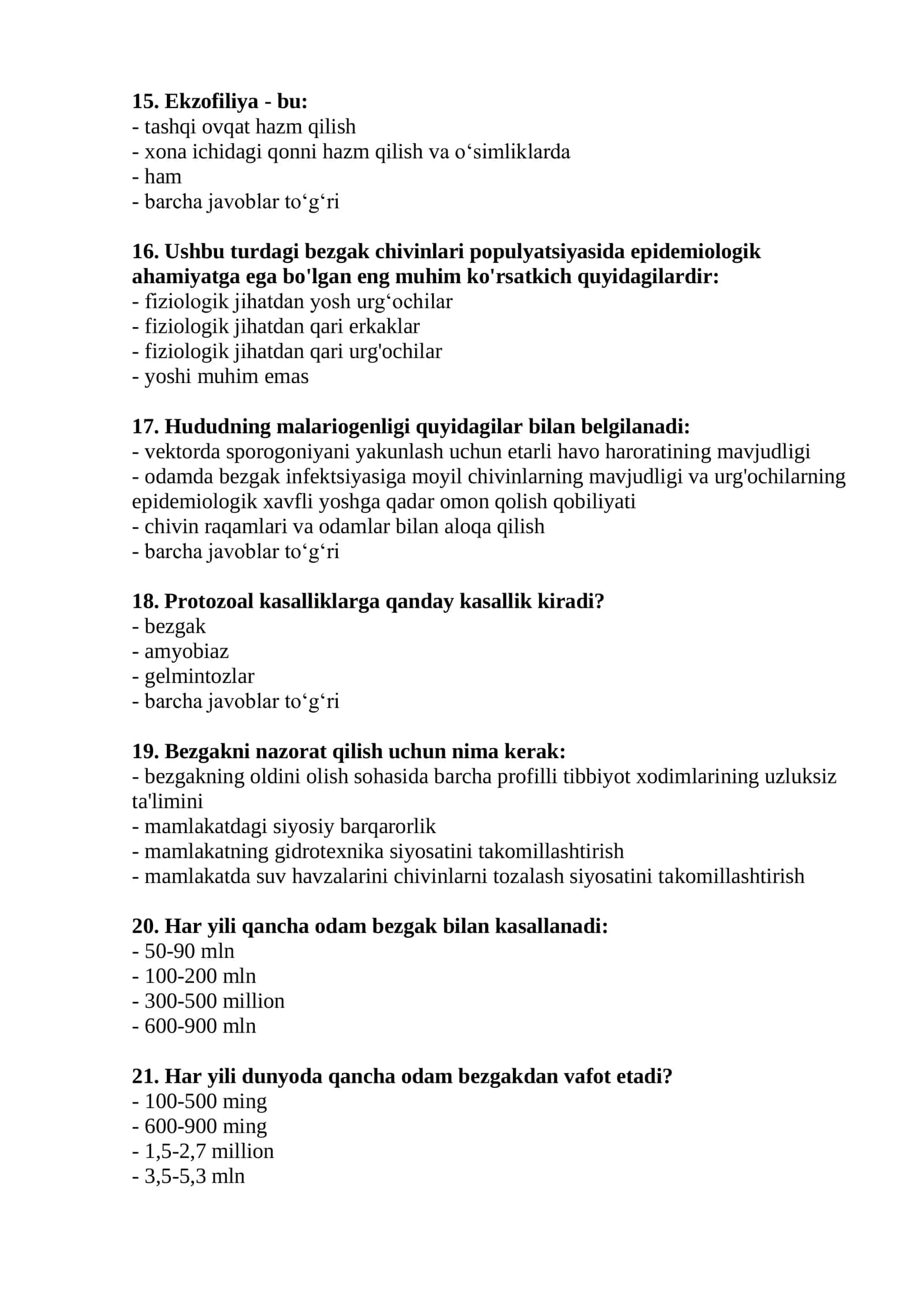 Tibbiy entomologiya test savollari 2026 3