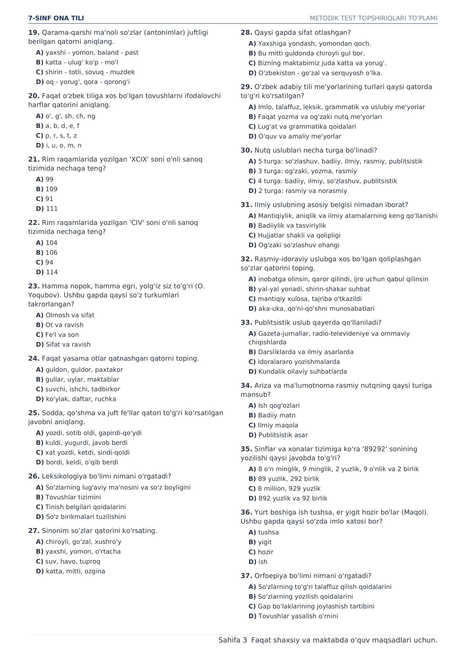 7-SINF ONA TILI | 300 TA MAVZULASHTIRILGAN TEST + JAVOBLAR KALITI | PDF 3