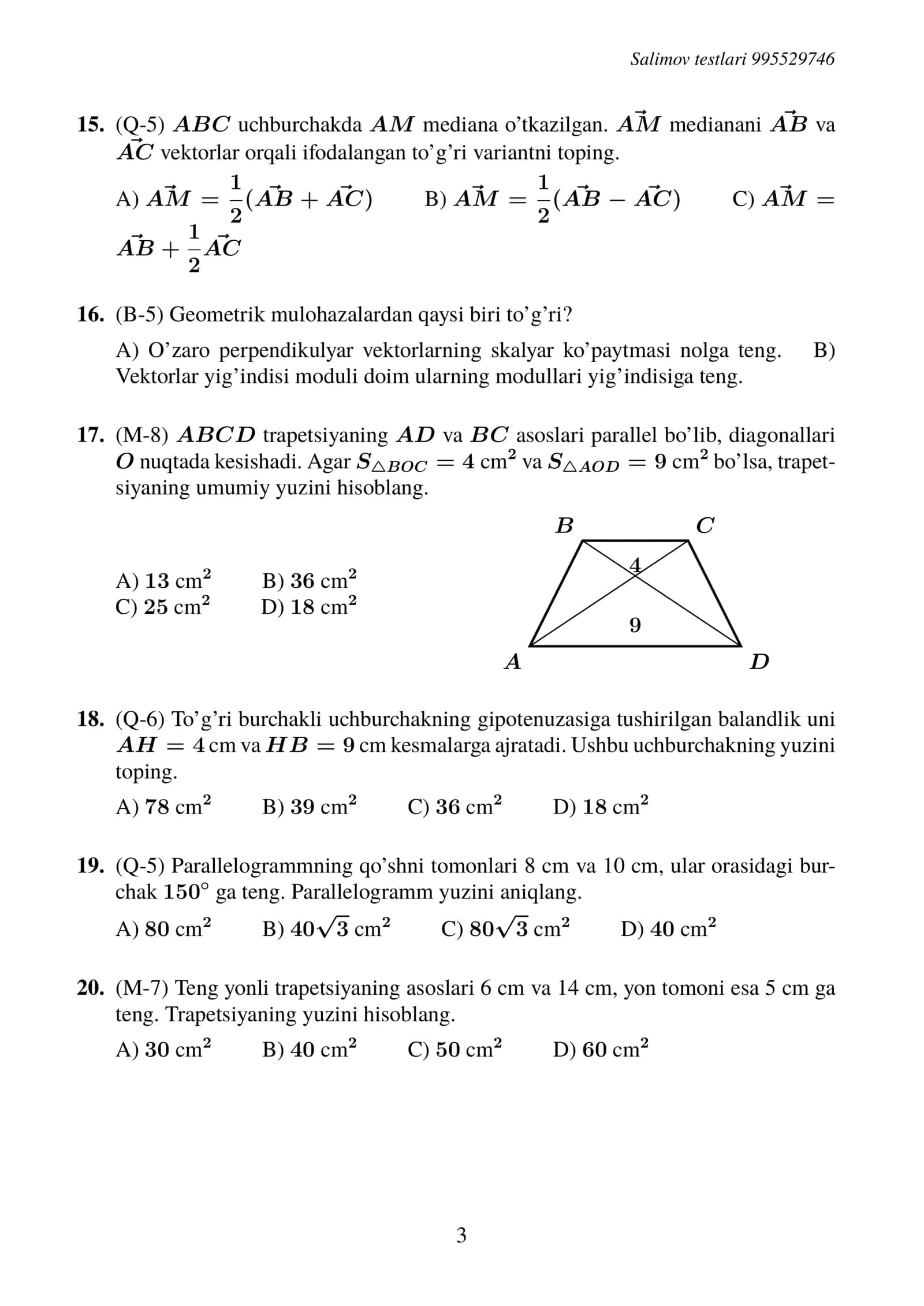 8-sinf matematika (Murakkablashtirilgan testlar) 3