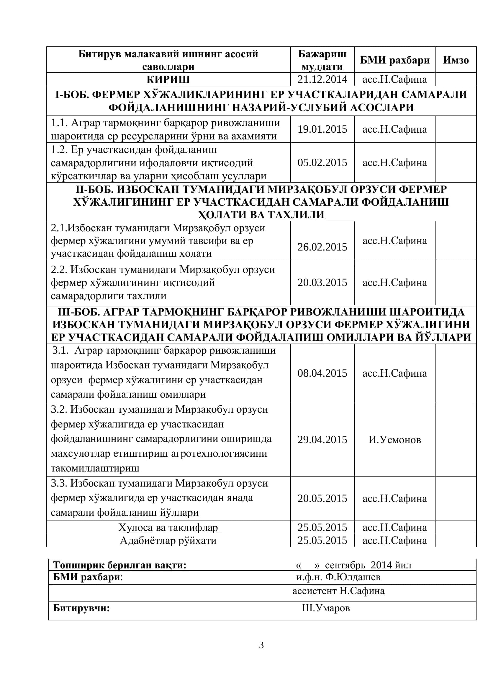 Мавзу: “Аграр тармоқнинг барқарор ривожланиши шароитида Избоскан туманидаги Мирзақобул орзуси фермер хўжалигида ер участкасидан самарали фойдаланиш” 3