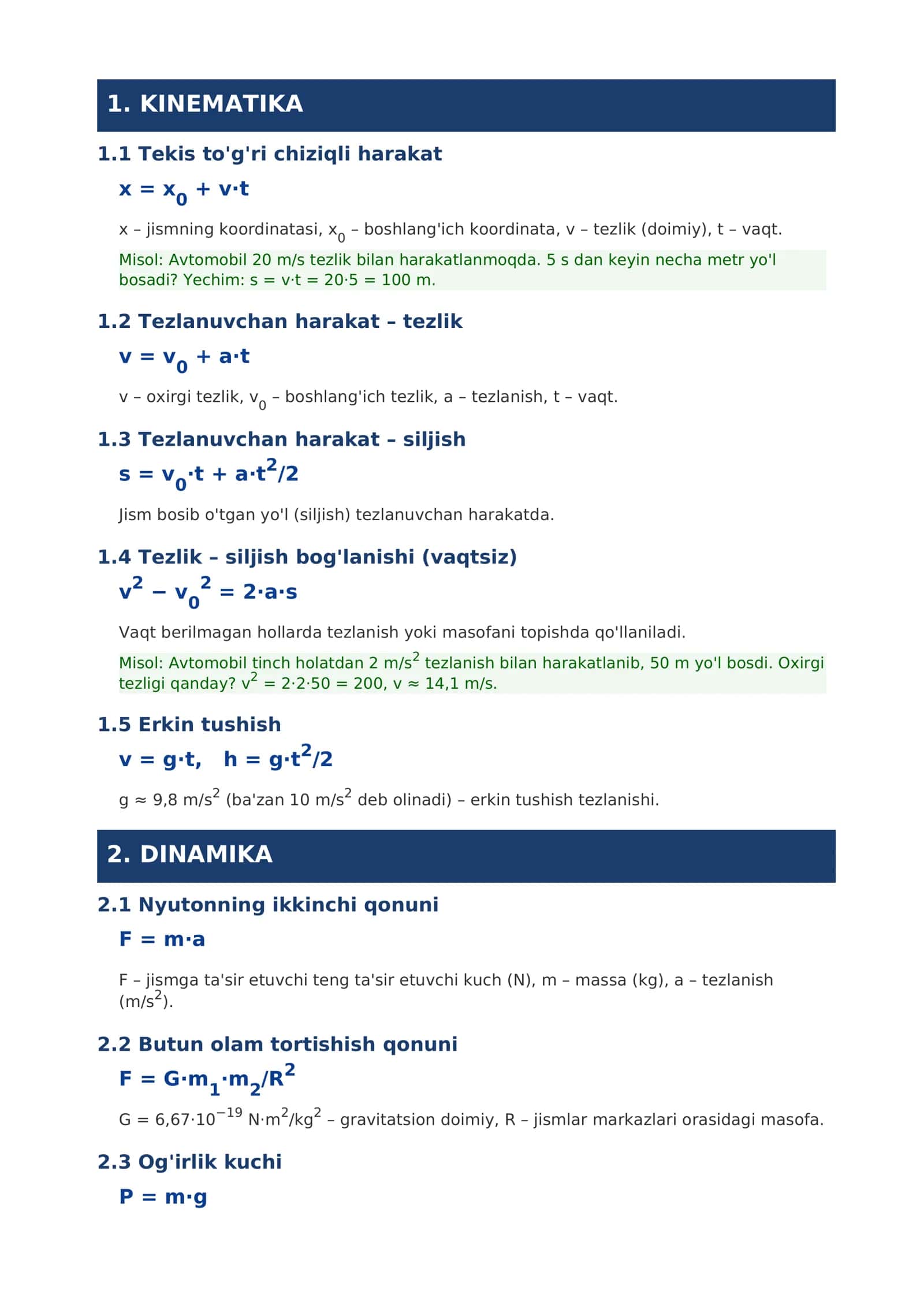DTM/Milliy sertifikat uchun Fizika formulalari 3