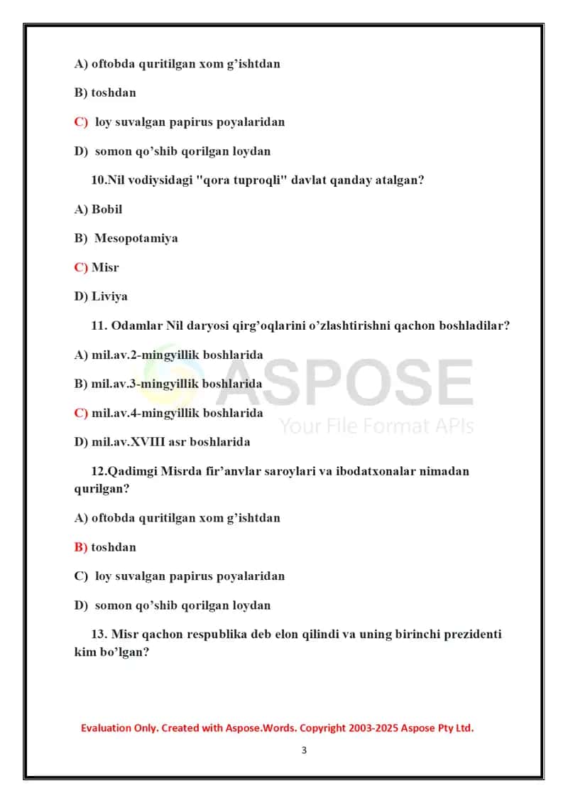 Mamlakatshunoslik fanidan test 3