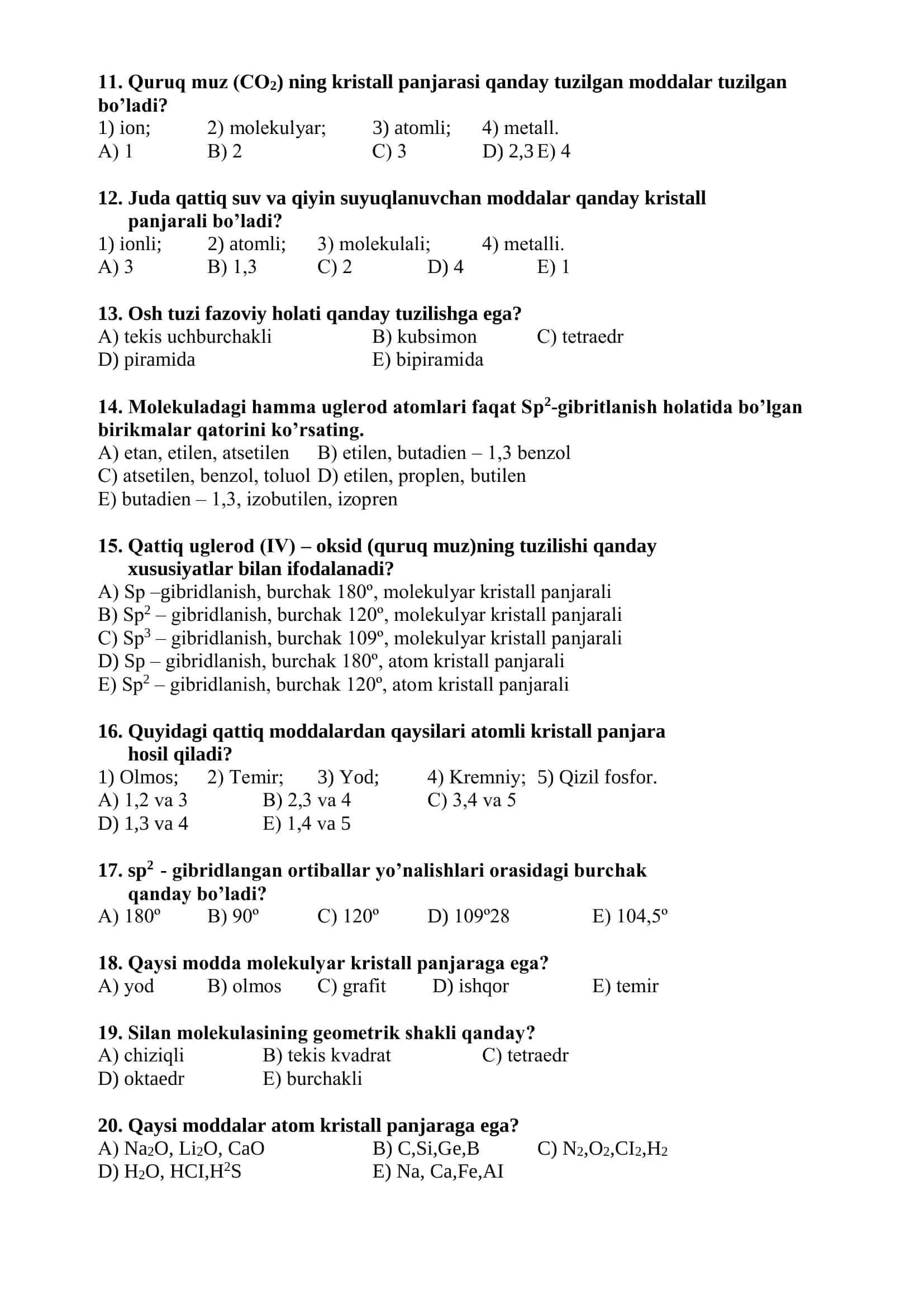 KRISTALL PANJARA TURLARI VA GIBRIDLANISHGA OID TESTLAR TO`PLAMI 3