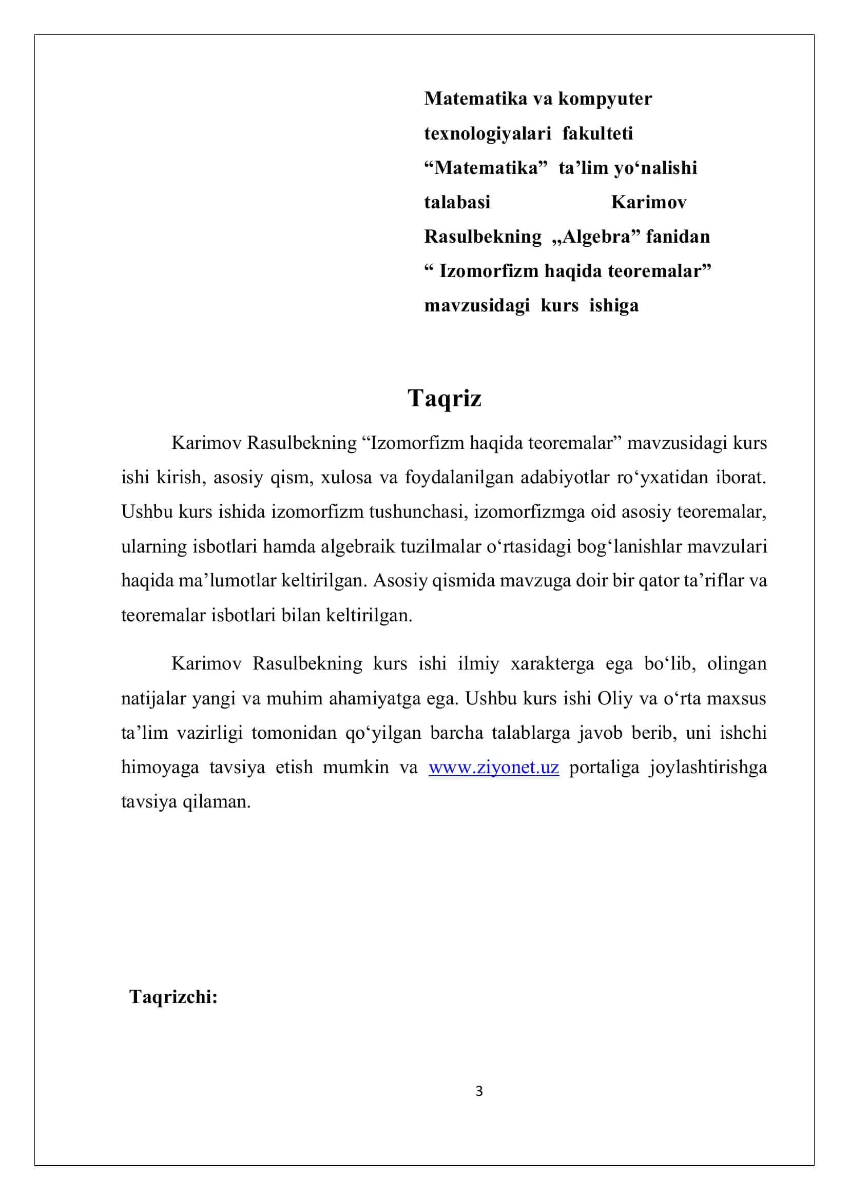 Izomorfizm haqida teoremalar KURS ISHI 3