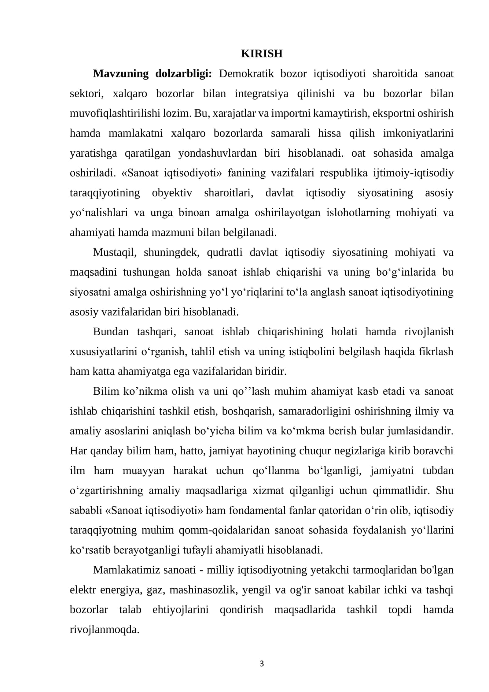 "SANOAT IQTISODIYOTI FANINING DEMOKRATIK BOZOR IQTISODIYOTI SHAROITIGA VA ISLOHOTLAR TALABIGA MOS VAZIFALARI" 3