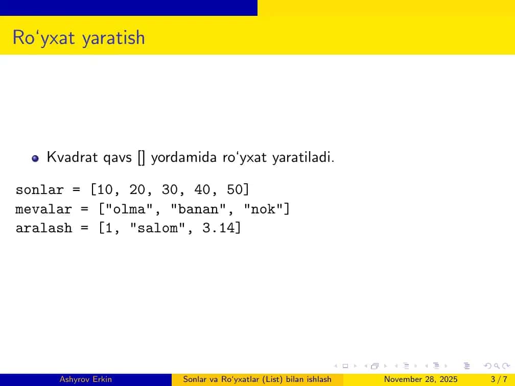 Ro‘yxatlar (List) bilan ishlash 3