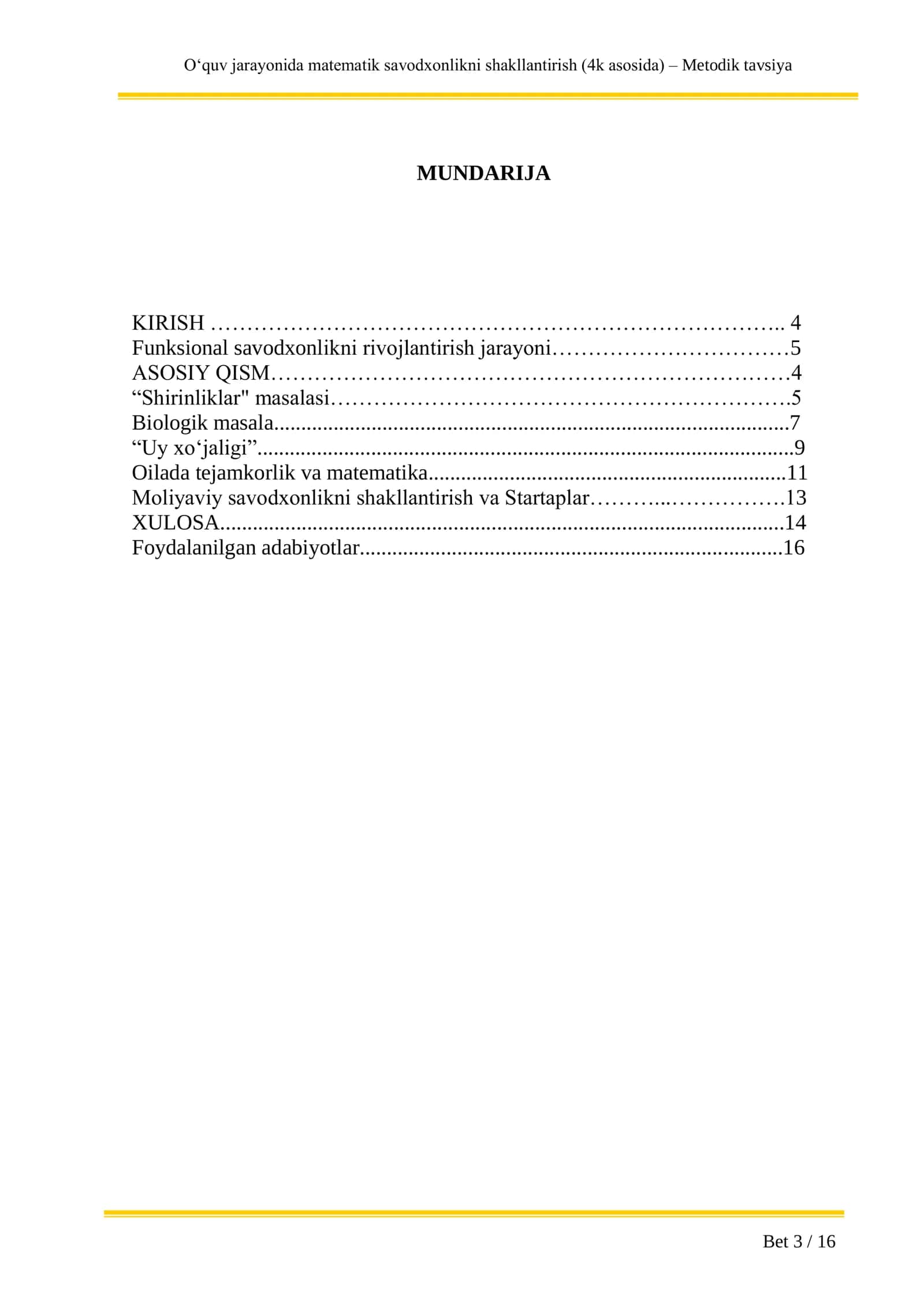 O‘quv jarayonida matematik savodxonlikni shakllantirish (4k asosida) – Metodik tavsiya 3