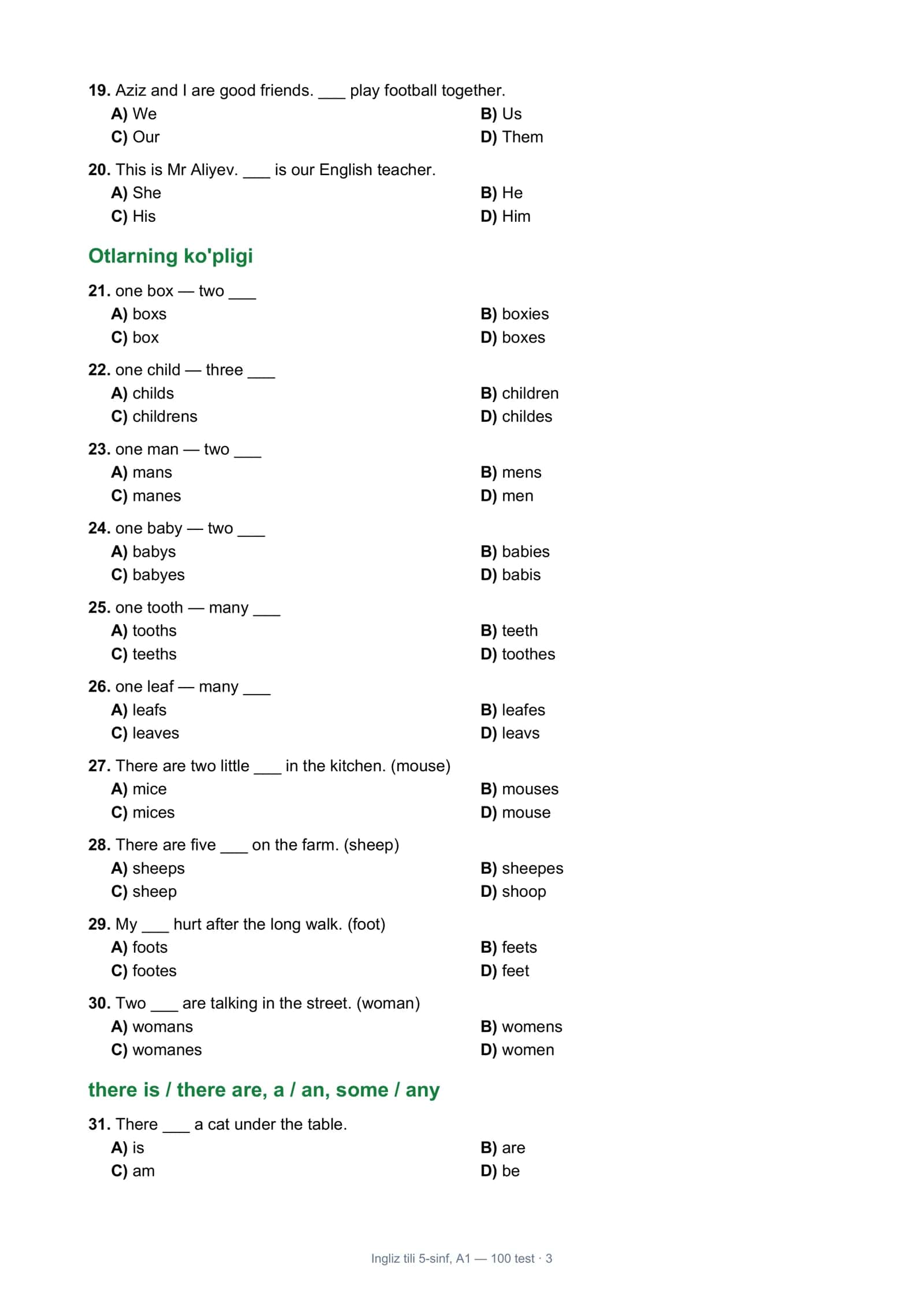 Ingliz tili 5-sinf, A1 — 100 test · 1 3
