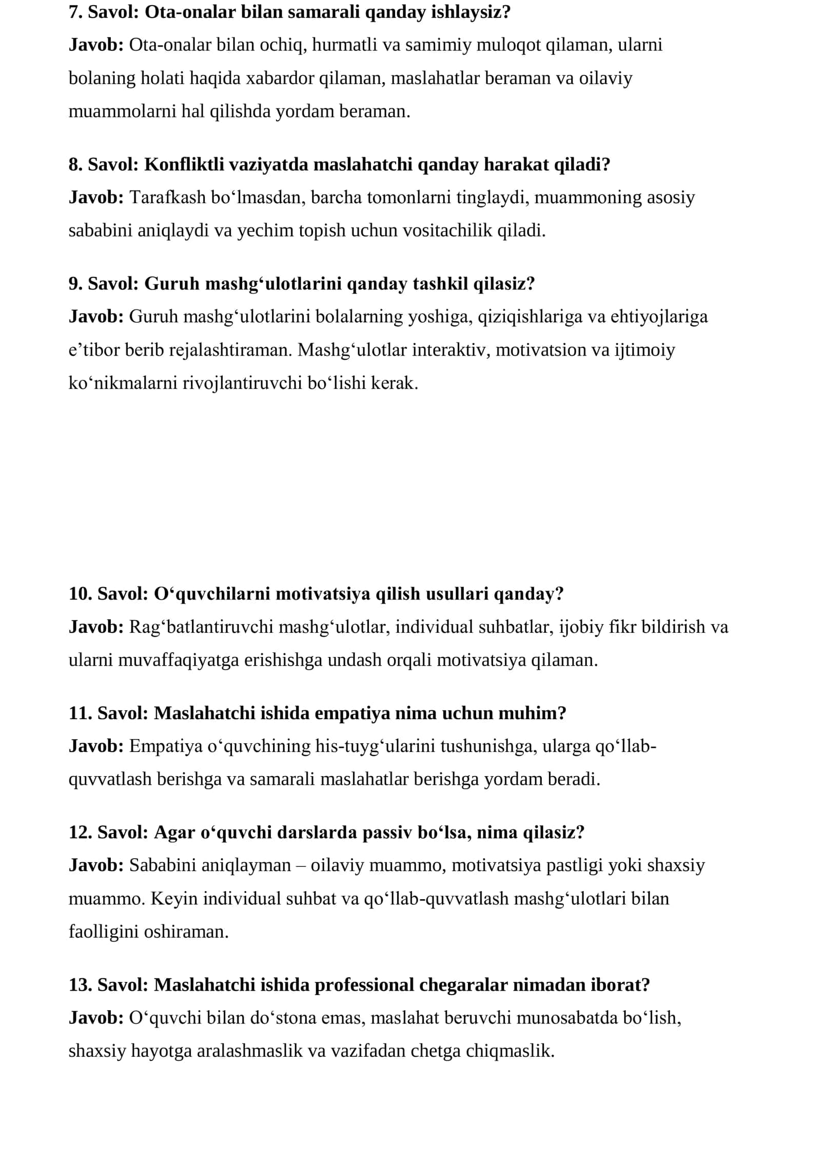 Maktab maslahatchisi suhbat savollari va javoblari (Muallif Roziboyev Jahongir) 3