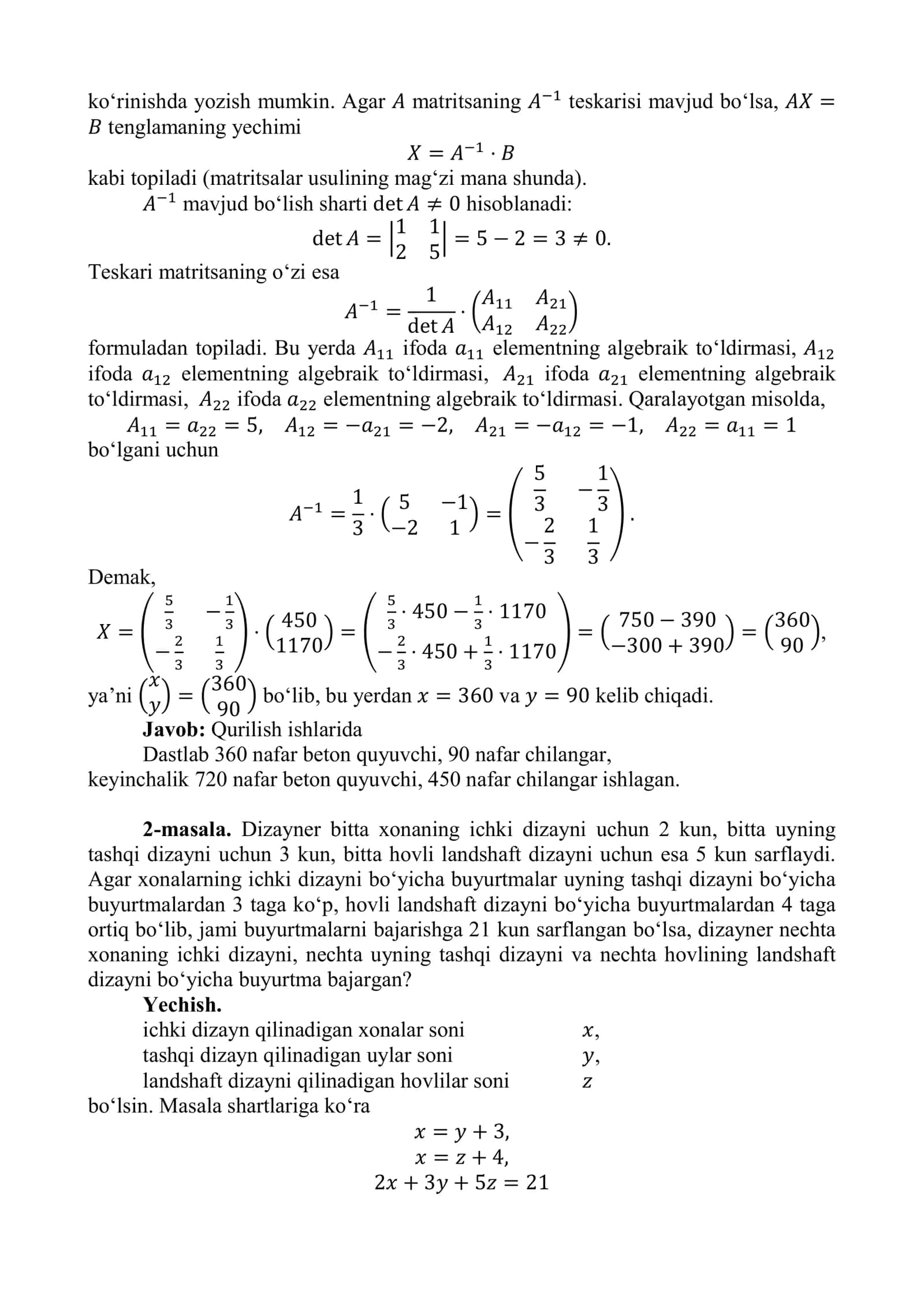 Chiziqli algebraik tenglamalar sistemalariga oid masalalar I 3