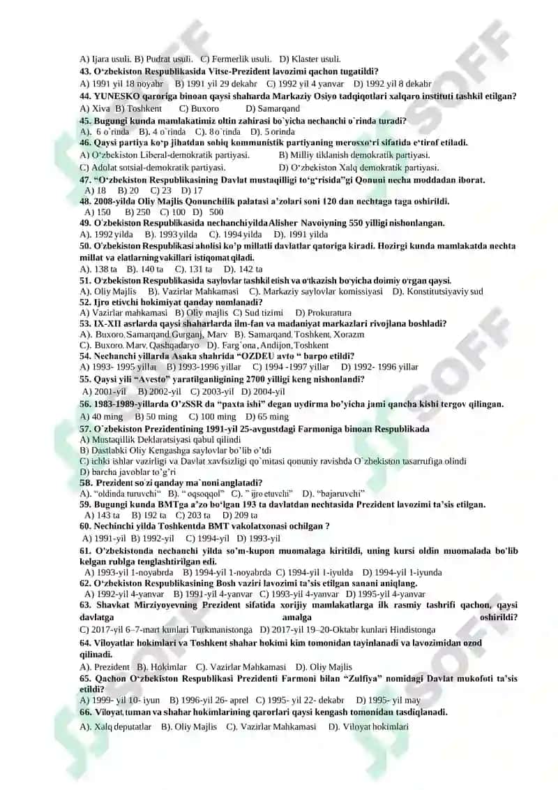 O’ZBEKISTONNING ENG YANGI TARIXI FANIDAN TESTLAR TO’PLAMI 3